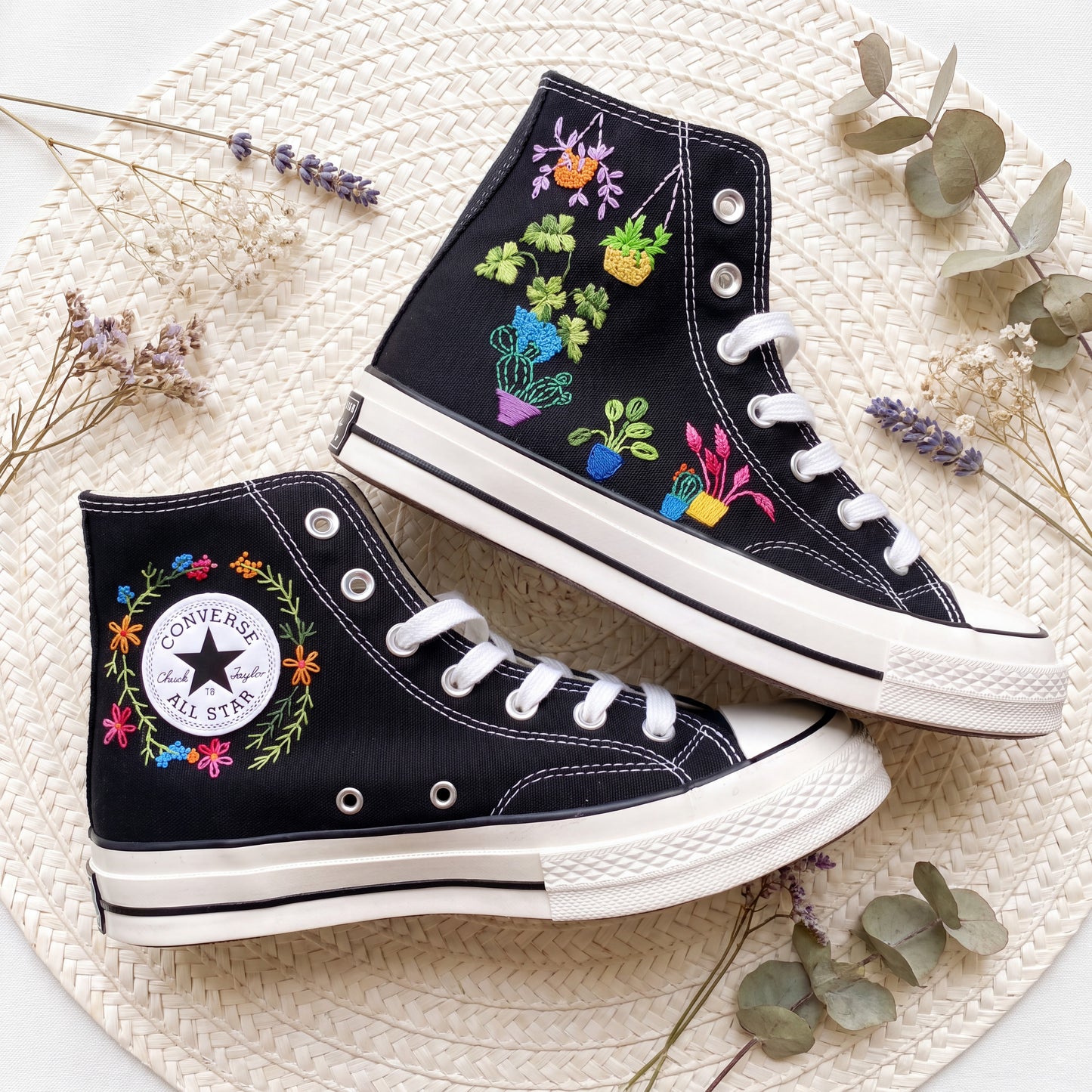 Hand Embroidered Plant Lover Converse High Top Sneakers | Custom Black Converse Shoes | Potted Houseplant Canvas Shoes | Handmade Gift for Women