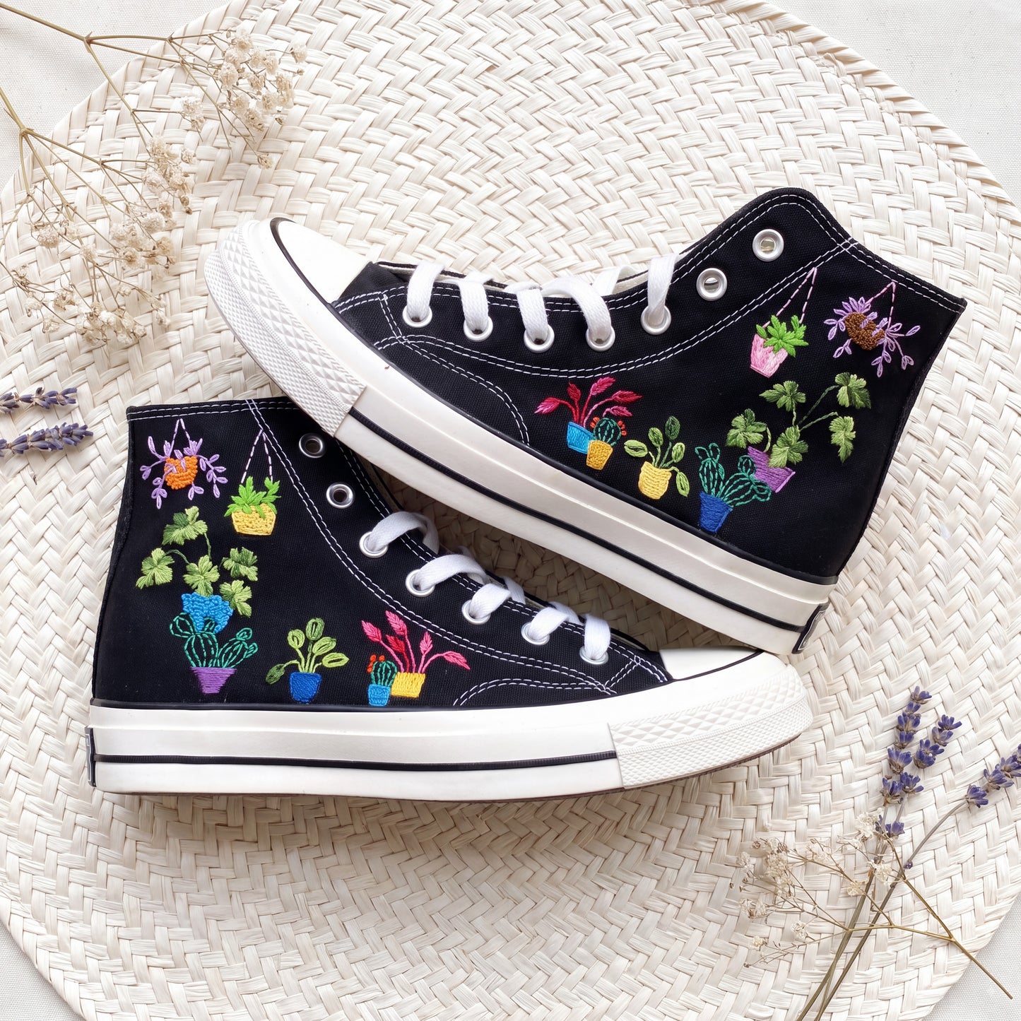 Hand Embroidered Plant Lover Converse High Top Sneakers | Custom Black Converse Shoes | Potted Houseplant Canvas Shoes | Handmade Gift for Women