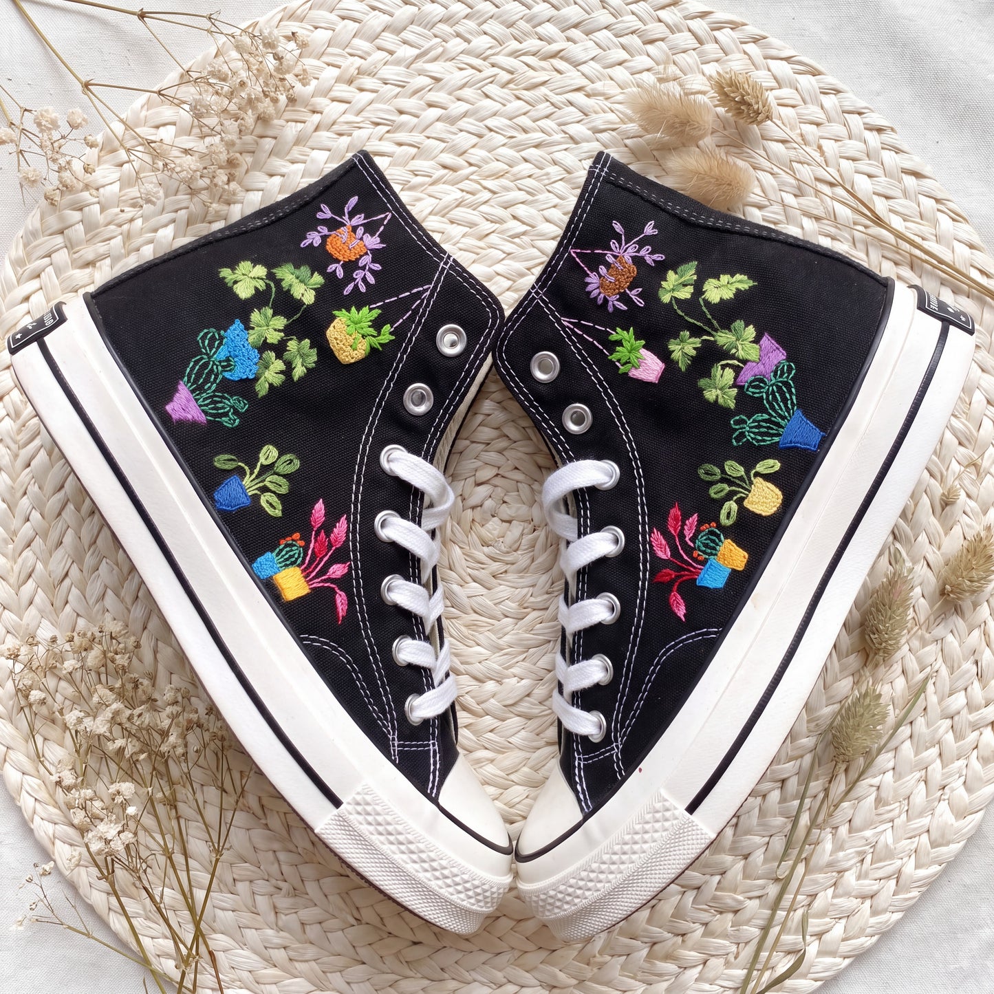 Hand Embroidered Plant Lover Converse High Top Sneakers | Custom Black Converse Shoes | Potted Houseplant Canvas Shoes | Handmade Gift for Women
