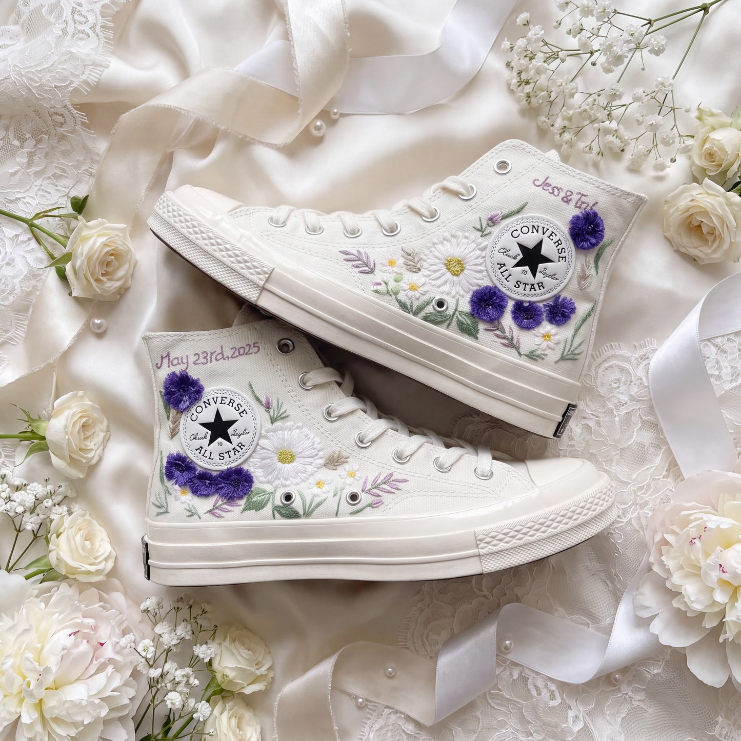Hand Embroidered Bridal Converse Shoes | Custom Purple Wildflower Wedding Sneakers | Personalized White Converse Gift for Bride