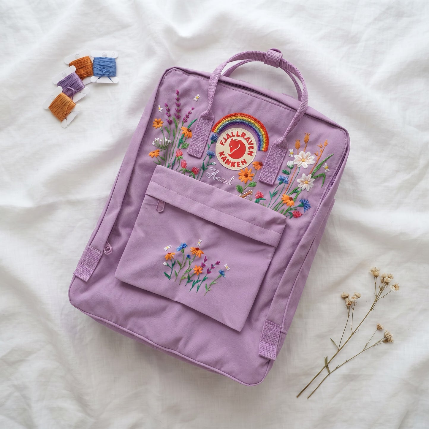 Custom Embroidered Fjallraven Kanken Backpack Wildflower | Fjallraven Kanken Travel Backpack| Handmade Cottagecore School Bag|Wildflower Bag