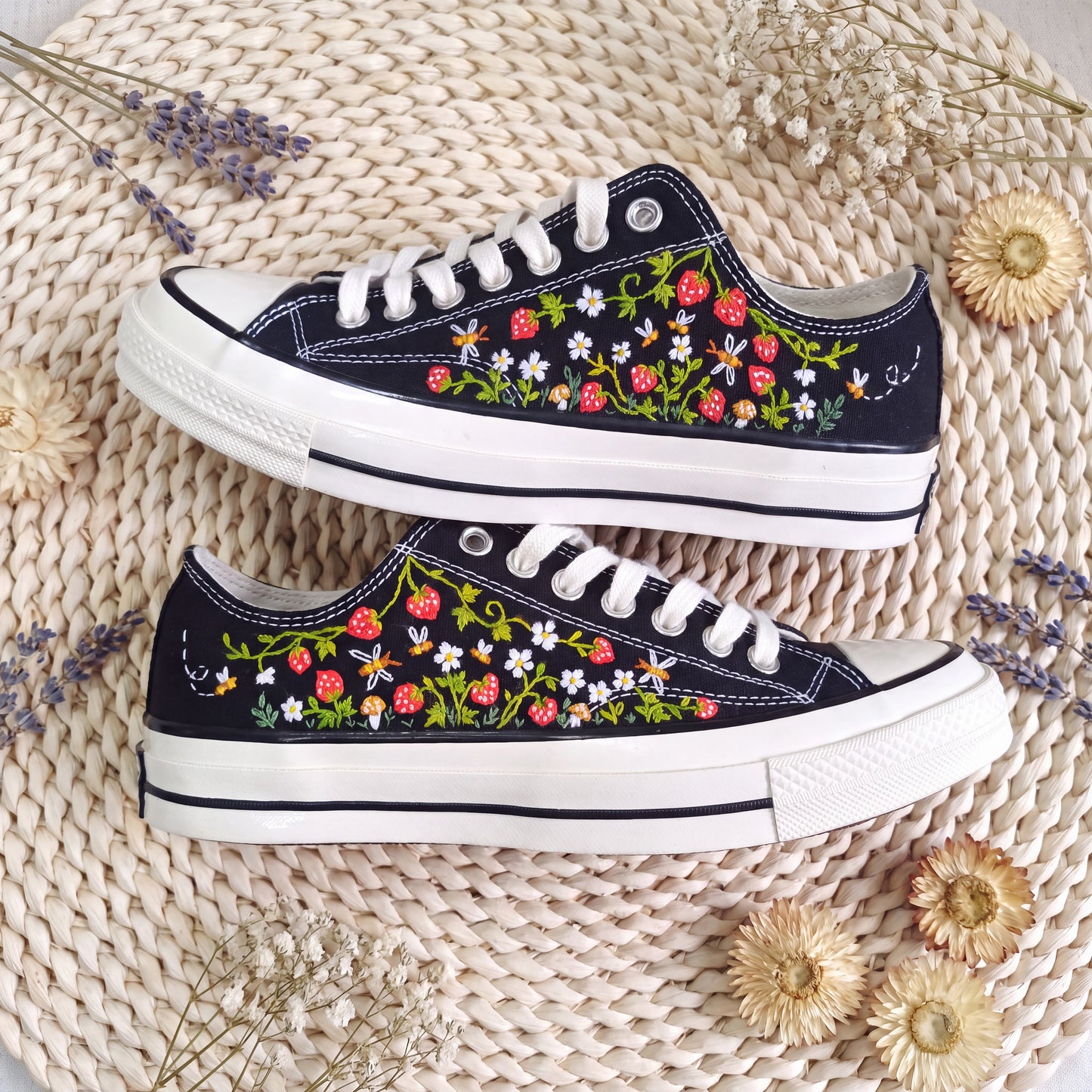 Hand Embroidered Strawberry Converse Shoes | Black Low Top Canvas Sneakers | Wildflower Embroidered Shoes | Cottagecore Gift