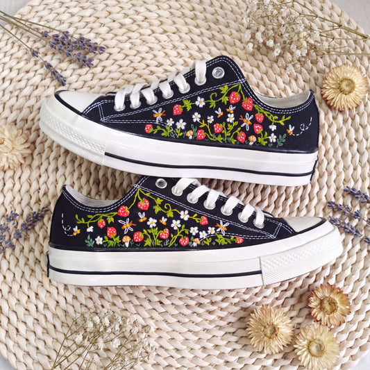 Hand Embroidered Strawberry Converse Shoes | Black Low Top Canvas Sneakers | Wildflower Embroidered Shoes | Cottagecore Gift