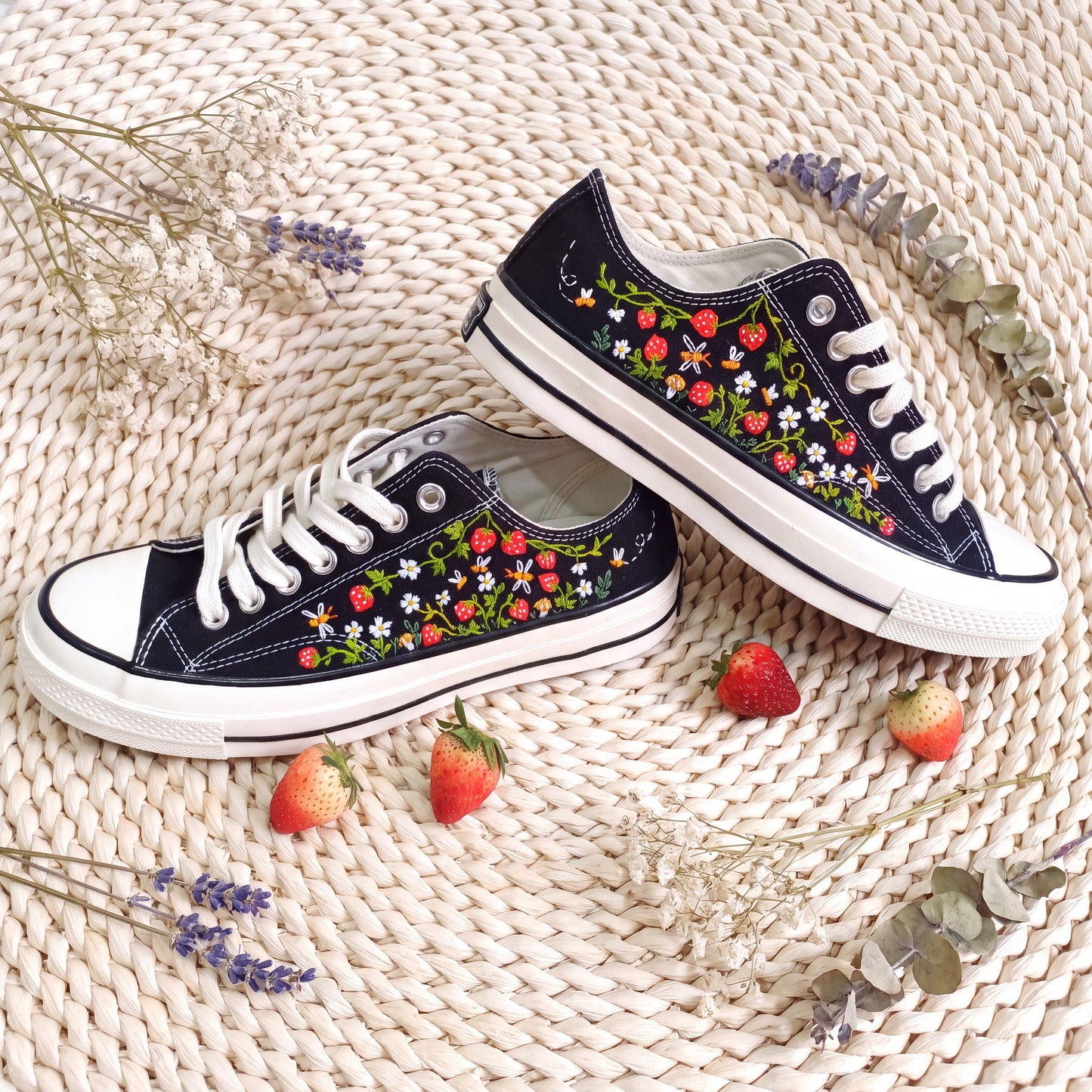 Hand Embroidered Strawberry Converse Shoes | Black Low Top Canvas Sneakers | Wildflower Embroidered Shoes | Cottagecore Gift