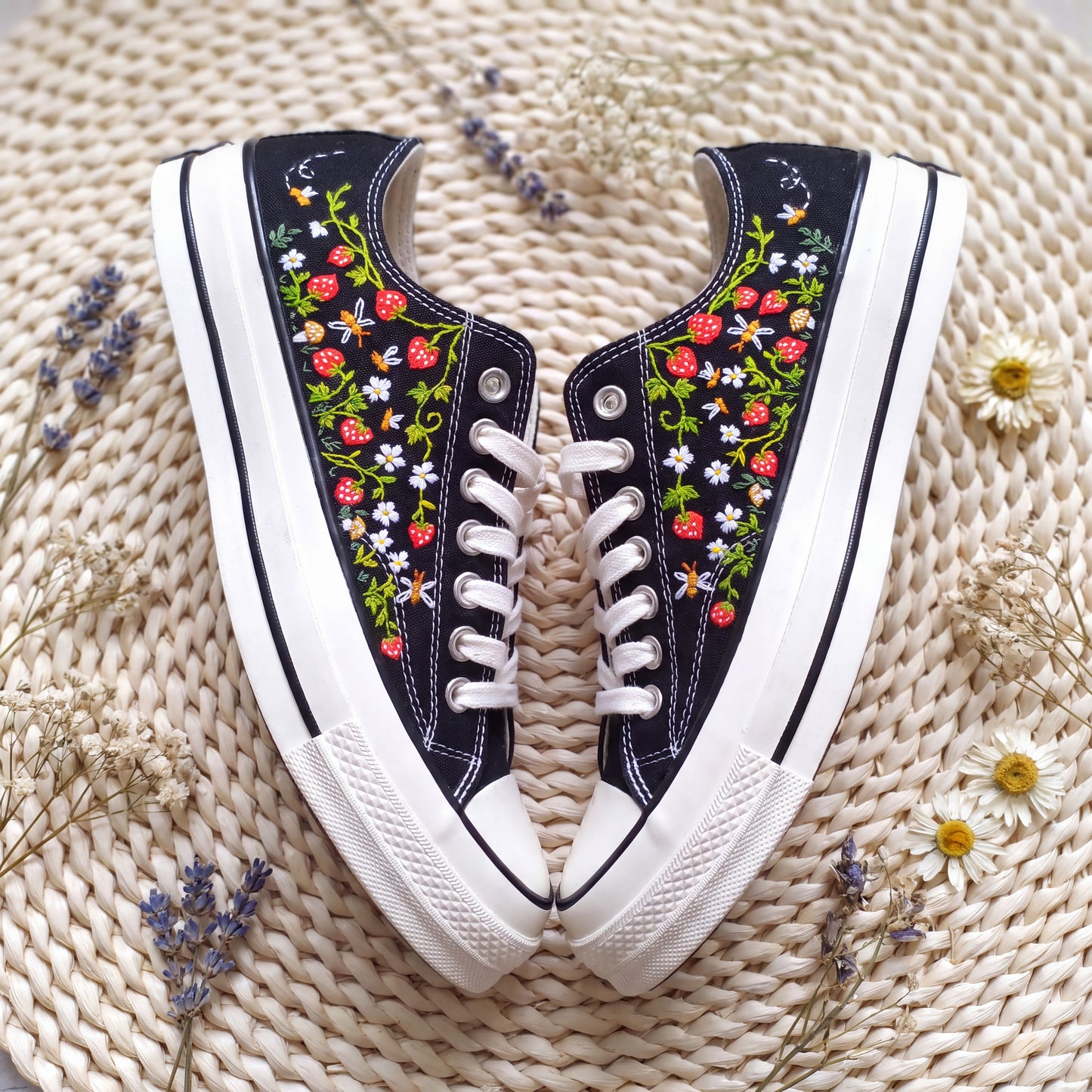 Hand Embroidered Strawberry Converse Shoes | Black Low Top Canvas Sneakers | Wildflower Embroidered Shoes | Cottagecore Gift
