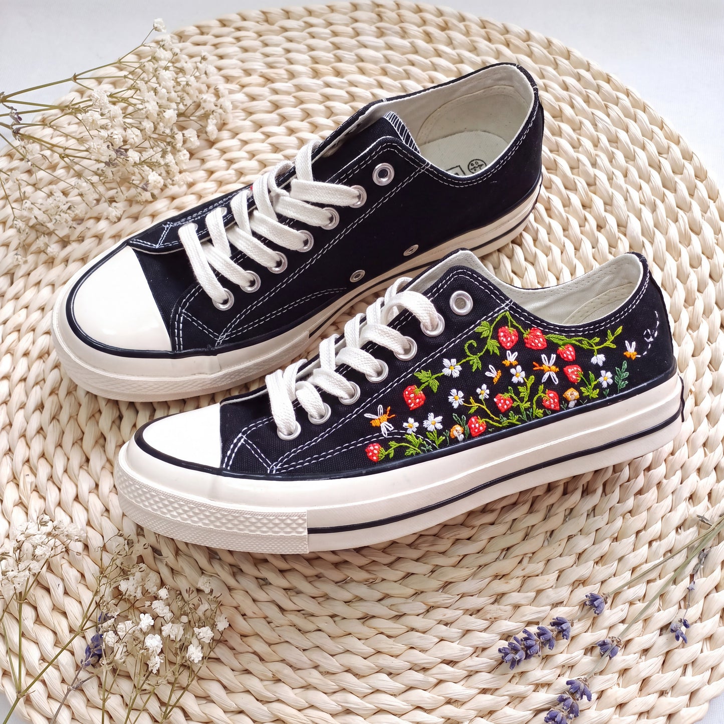 Hand Embroidered Strawberry Converse Shoes | Black Low Top Canvas Sneakers | Wildflower Embroidered Shoes | Cottagecore Gift