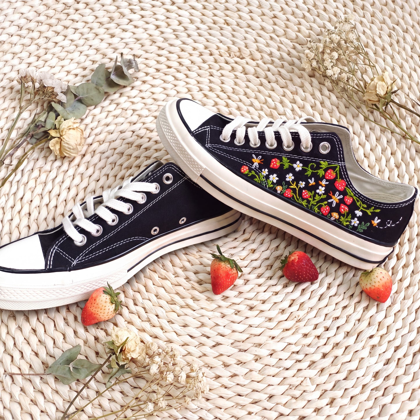 Hand Embroidered Strawberry Converse Shoes | Black Low Top Canvas Sneakers | Wildflower Embroidered Shoes | Cottagecore Gift