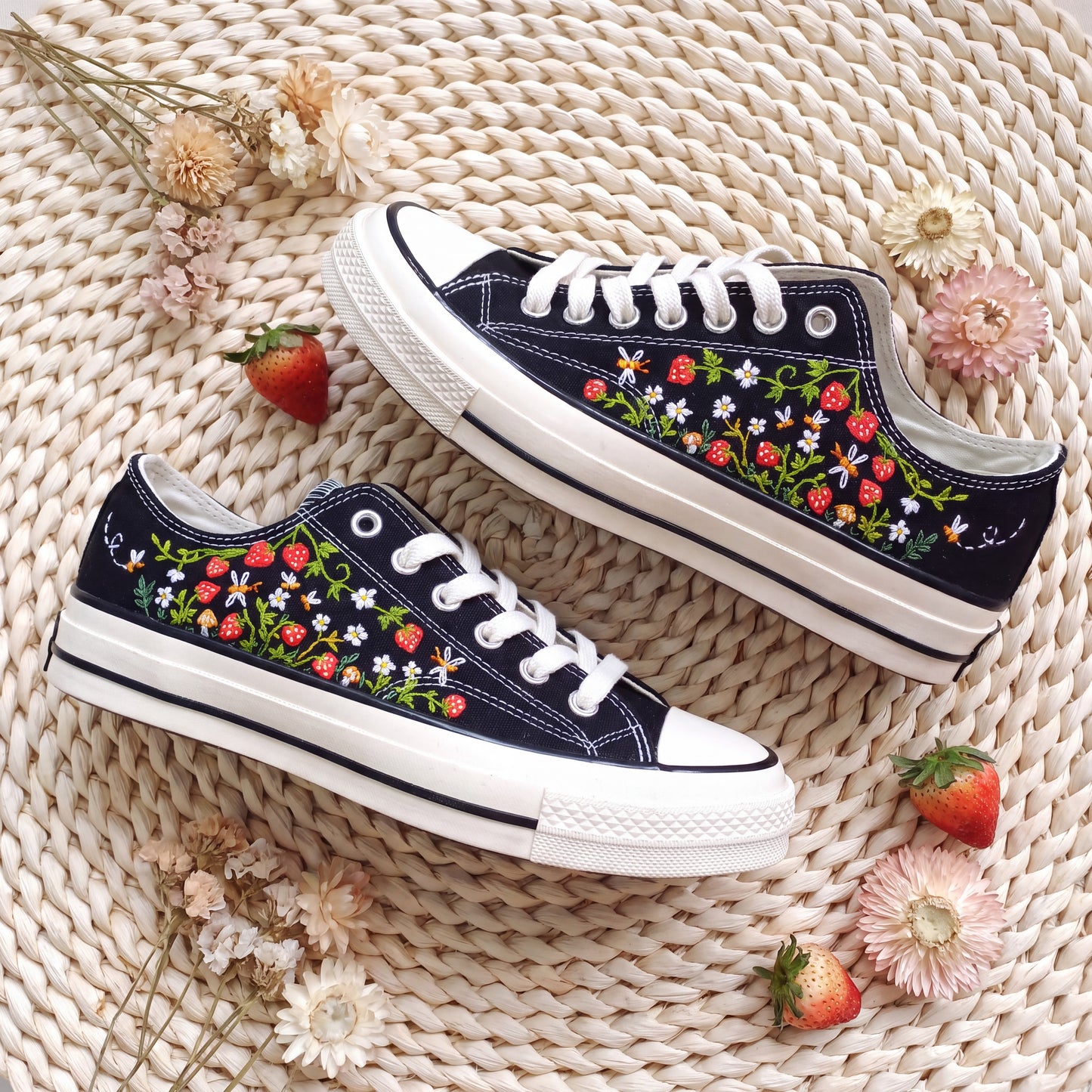 Hand Embroidered Strawberry Converse Shoes | Black Low Top Canvas Sneakers | Wildflower Embroidered Shoes | Cottagecore Gift