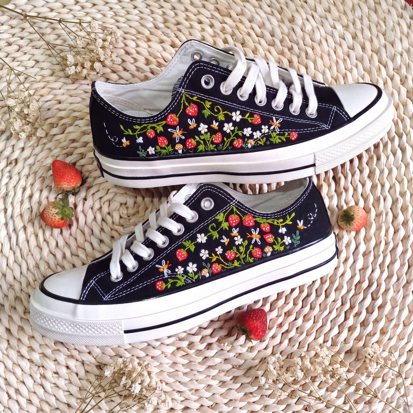 Hand Embroidered Strawberry Converse Shoes | Black Low Top Canvas Sneakers | Wildflower Embroidered Shoes | Cottagecore Gift