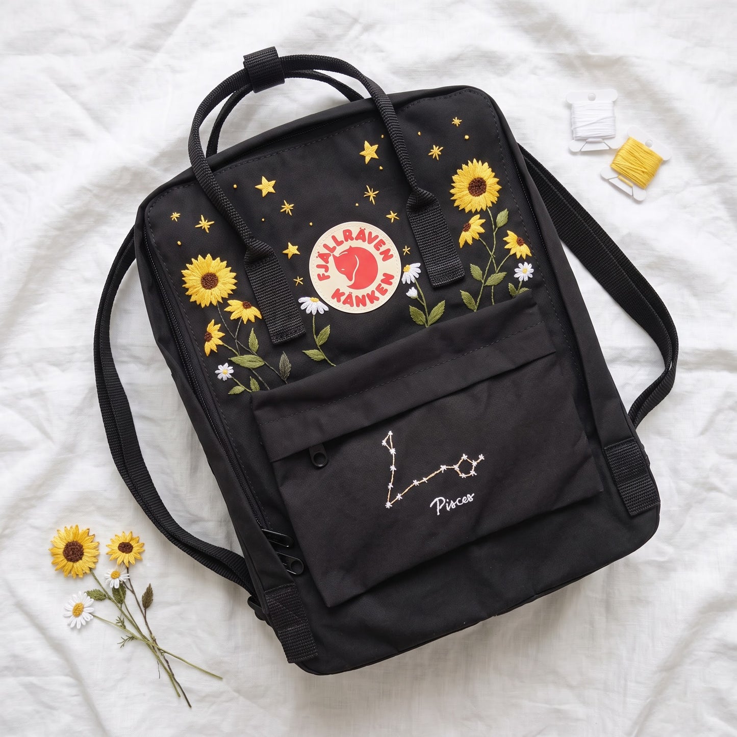 Fjallraven Kanken Backpack Embroidered Sunflower & Pisces Constellation | Personalized Zodiac Kanken Bag | Celestial Floral Backpack