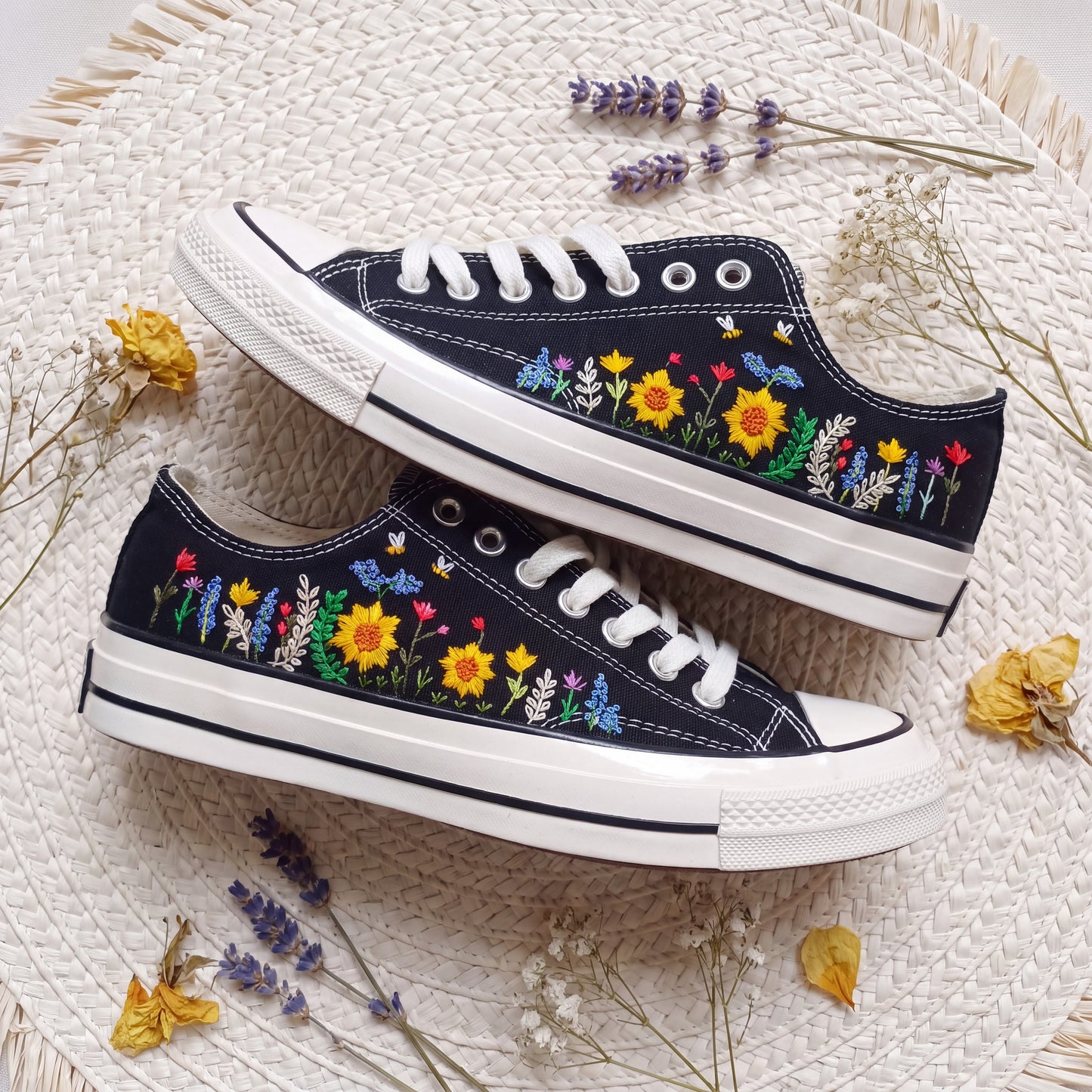 Hand Embroidered Sunflower Converse Shoes | Black Low Top Canvas Sneakers | Bee Embroidered Shoes | Botanical Gift for Women