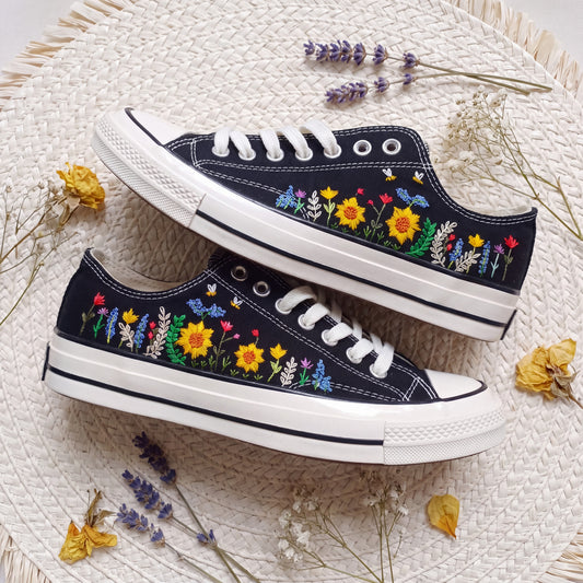 Hand Embroidered Sunflower Converse Shoes | Black Low Top Canvas Sneakers | Bee Embroidered Shoes | Botanical Gift for Women