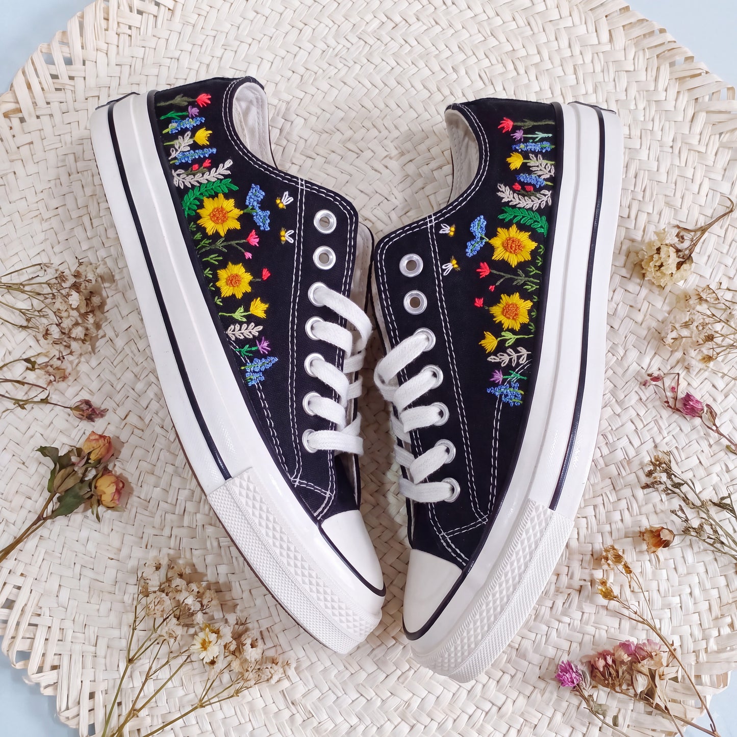 Hand Embroidered Sunflower Converse Shoes | Black Low Top Canvas Sneakers | Bee Embroidered Shoes | Botanical Gift for Women
