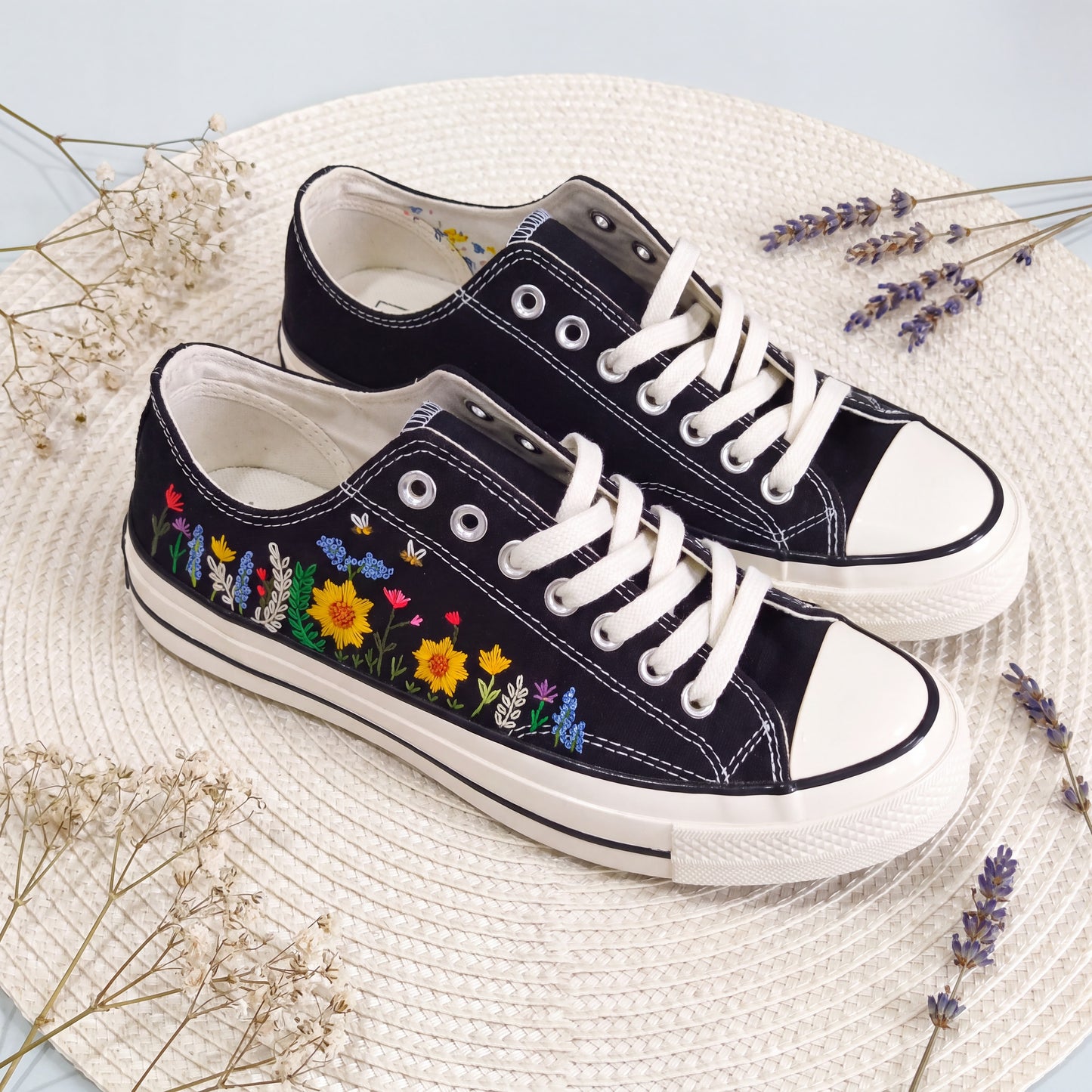 Hand Embroidered Sunflower Converse Shoes | Black Low Top Canvas Sneakers | Bee Embroidered Shoes | Botanical Gift for Women