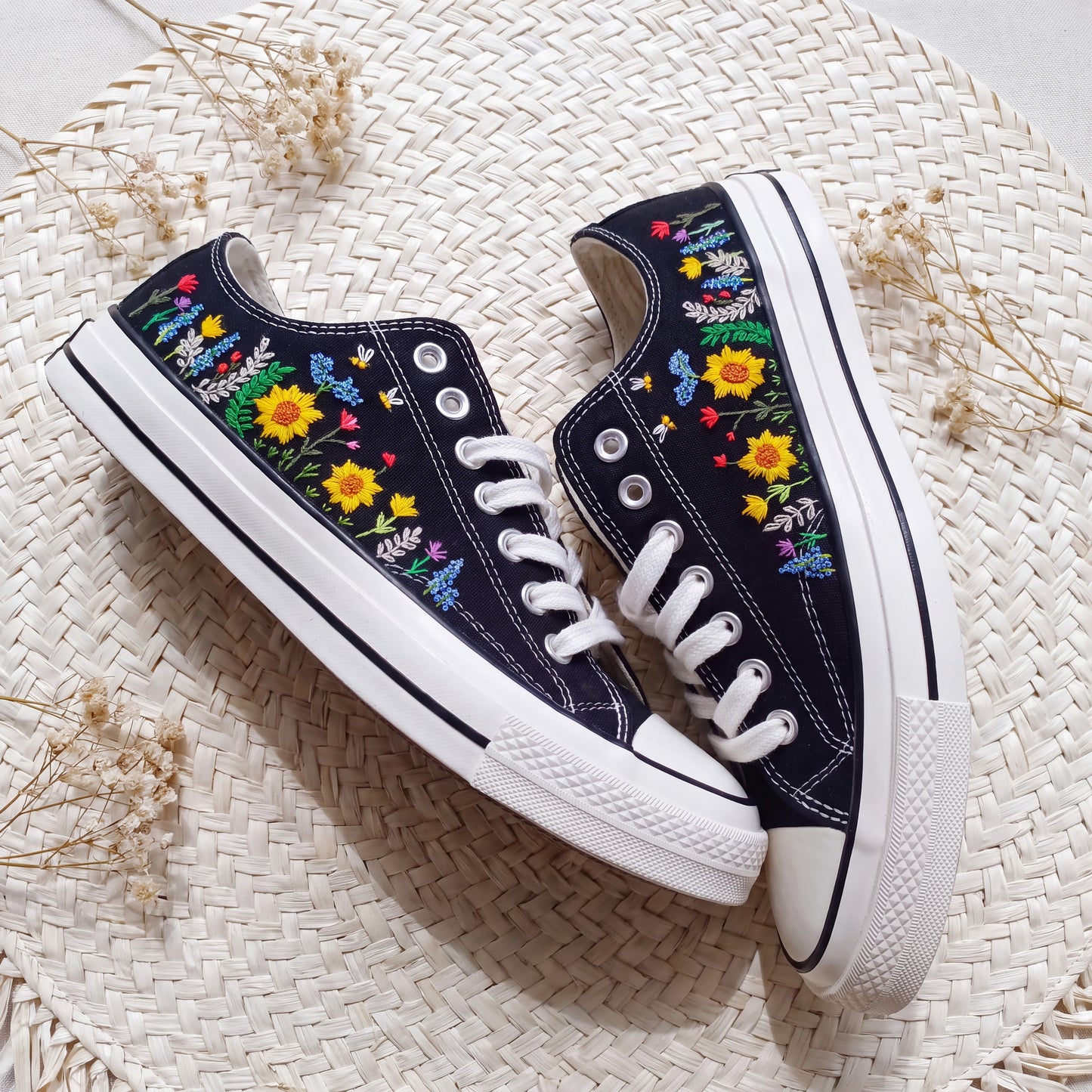 Hand Embroidered Sunflower Converse Shoes | Black Low Top Canvas Sneakers | Bee Embroidered Shoes | Botanical Gift for Women