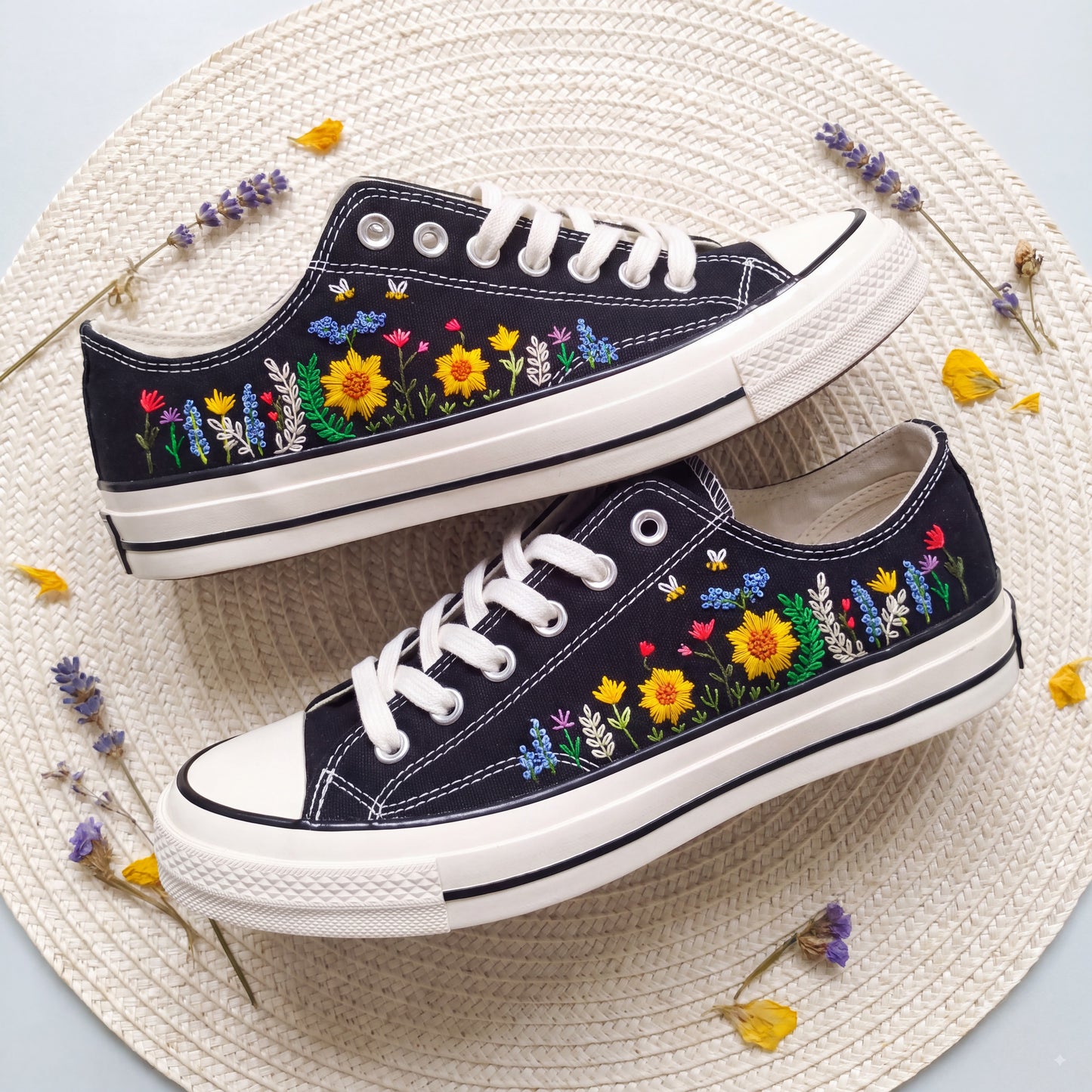 Hand Embroidered Sunflower Converse Shoes | Black Low Top Canvas Sneakers | Bee Embroidered Shoes | Botanical Gift for Women
