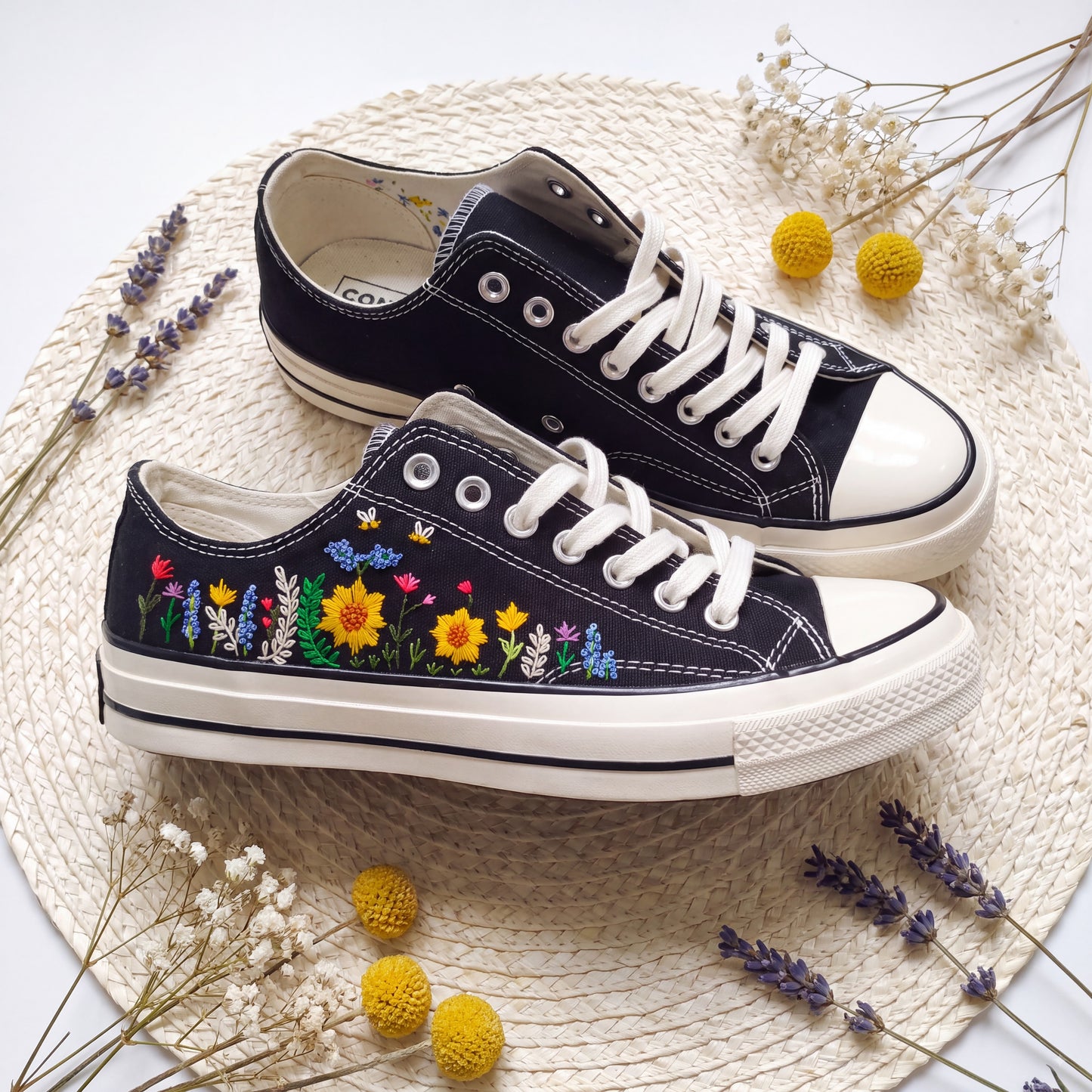 Hand Embroidered Sunflower Converse Shoes | Black Low Top Canvas Sneakers | Bee Embroidered Shoes | Botanical Gift for Women