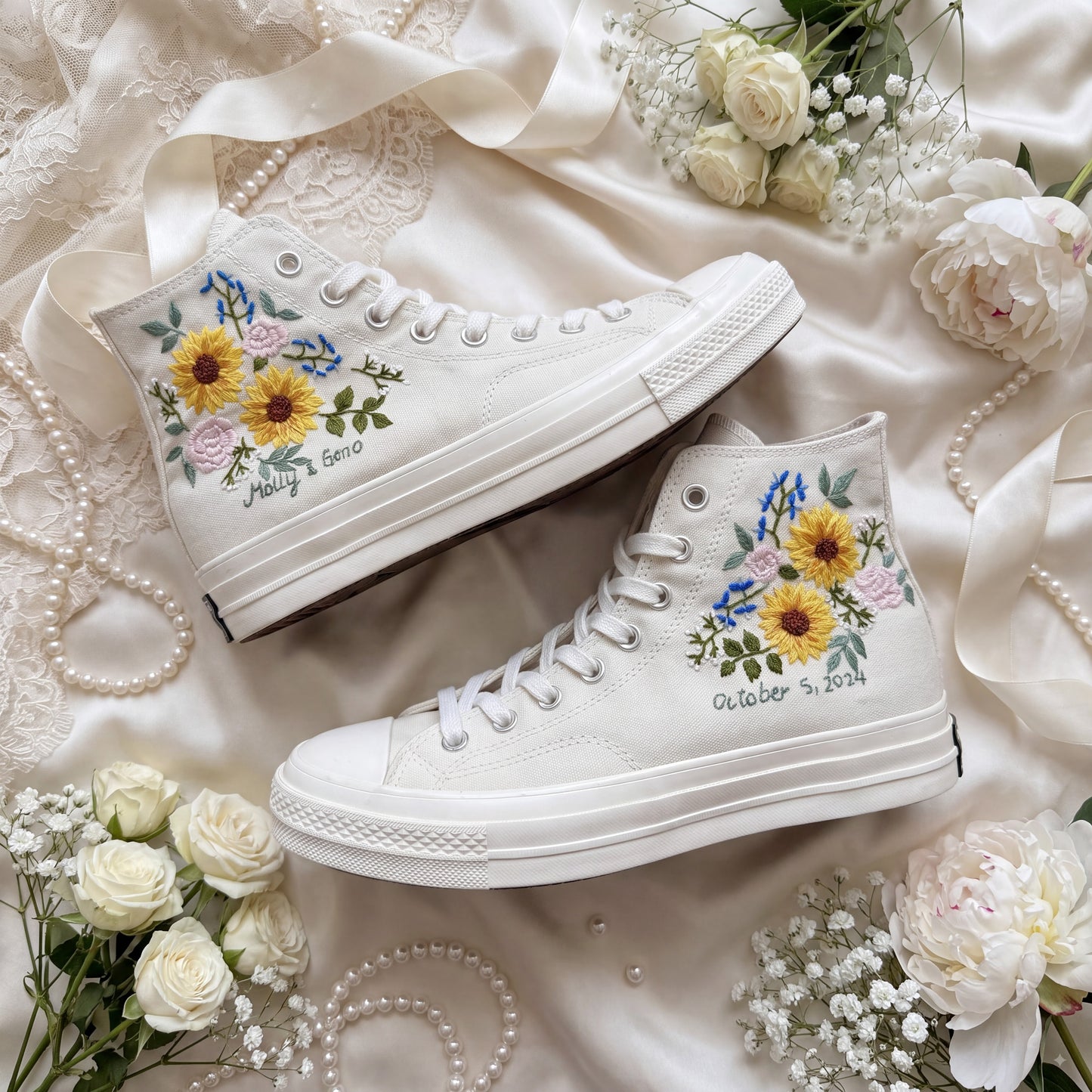 Hand Embroidered Bridal Converse Shoes | Custom Sunflower Wedding Sneakers | Personalized White Converse Gift for Bride