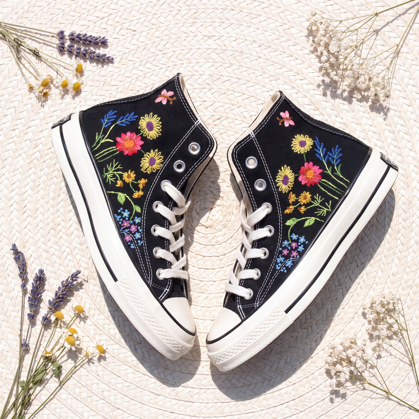 Hand Embroidered Sunflower Converse High Top Sneakers | Custom Black Floral Converse Shoes
