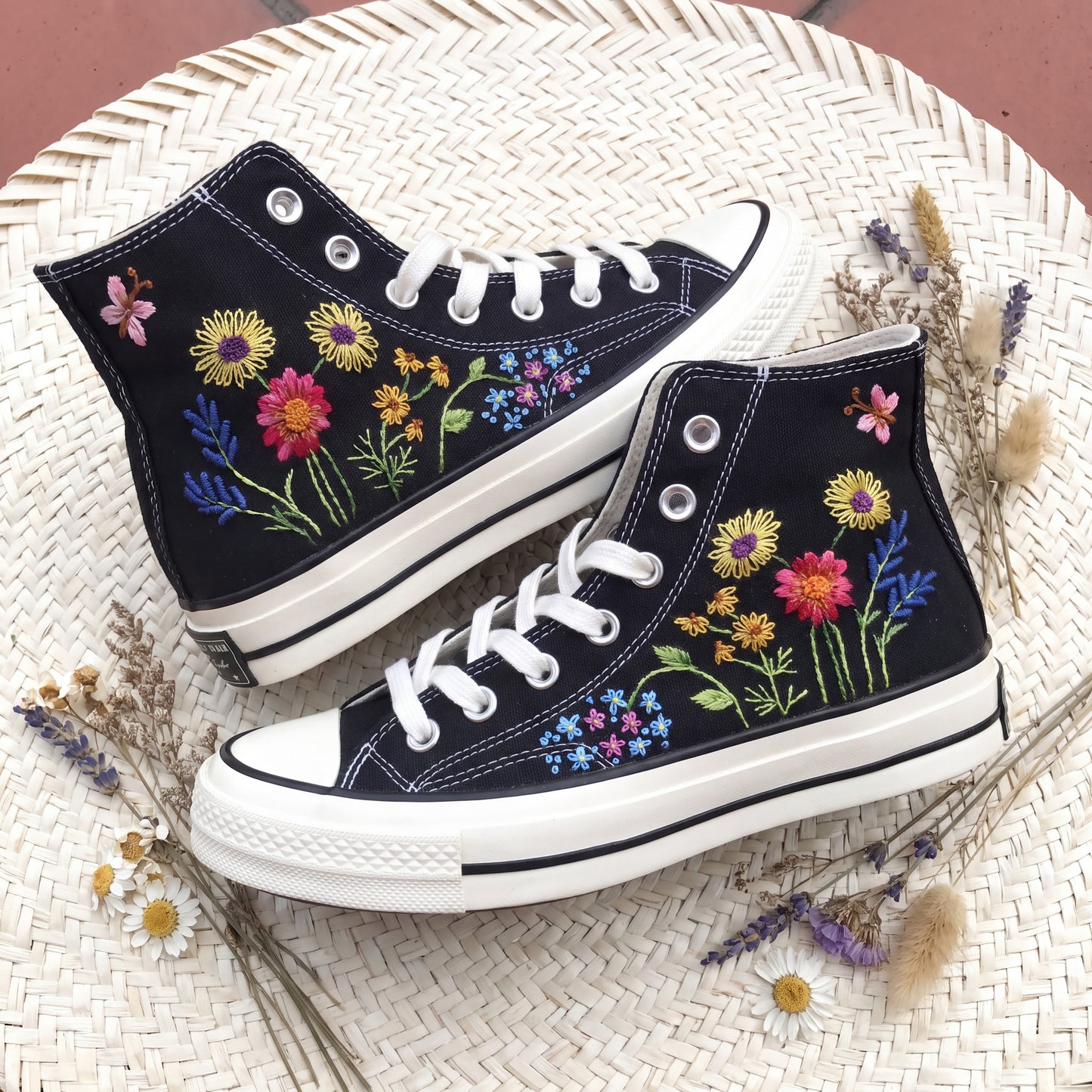 Hand Embroidered Sunflower Converse High Top Sneakers | Custom Black Floral Converse Shoes