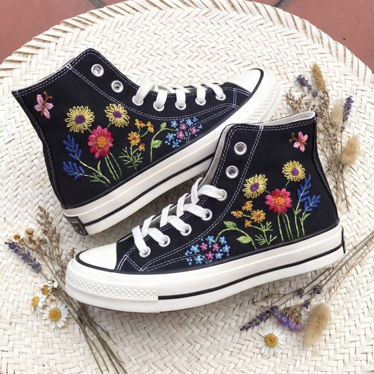 Hand Embroidered Sunflower Converse High Top Sneakers | Custom Black Floral Converse Shoes
