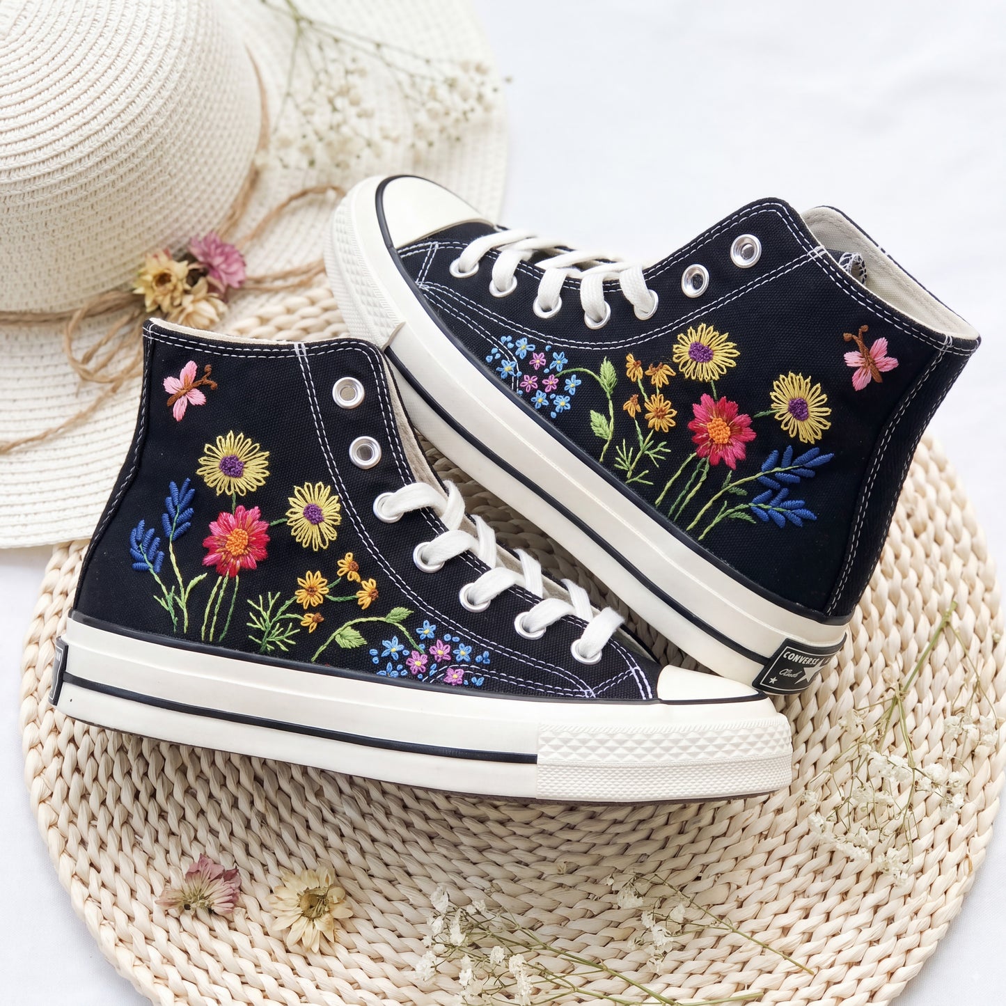 Hand Embroidered Sunflower Converse High Top Sneakers | Custom Black Floral Converse Shoes