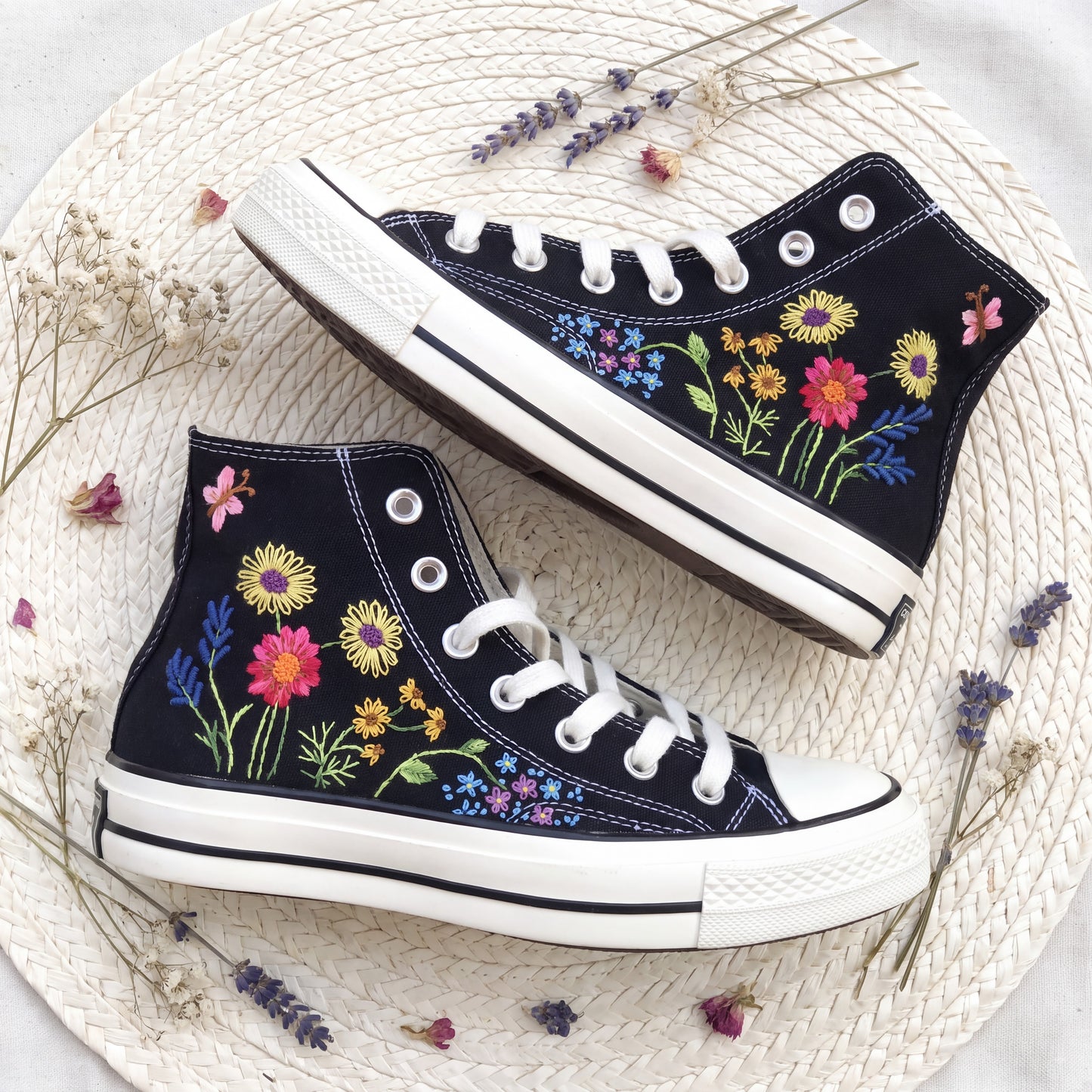 Hand Embroidered Sunflower Converse High Top Sneakers | Custom Black Floral Converse Shoes