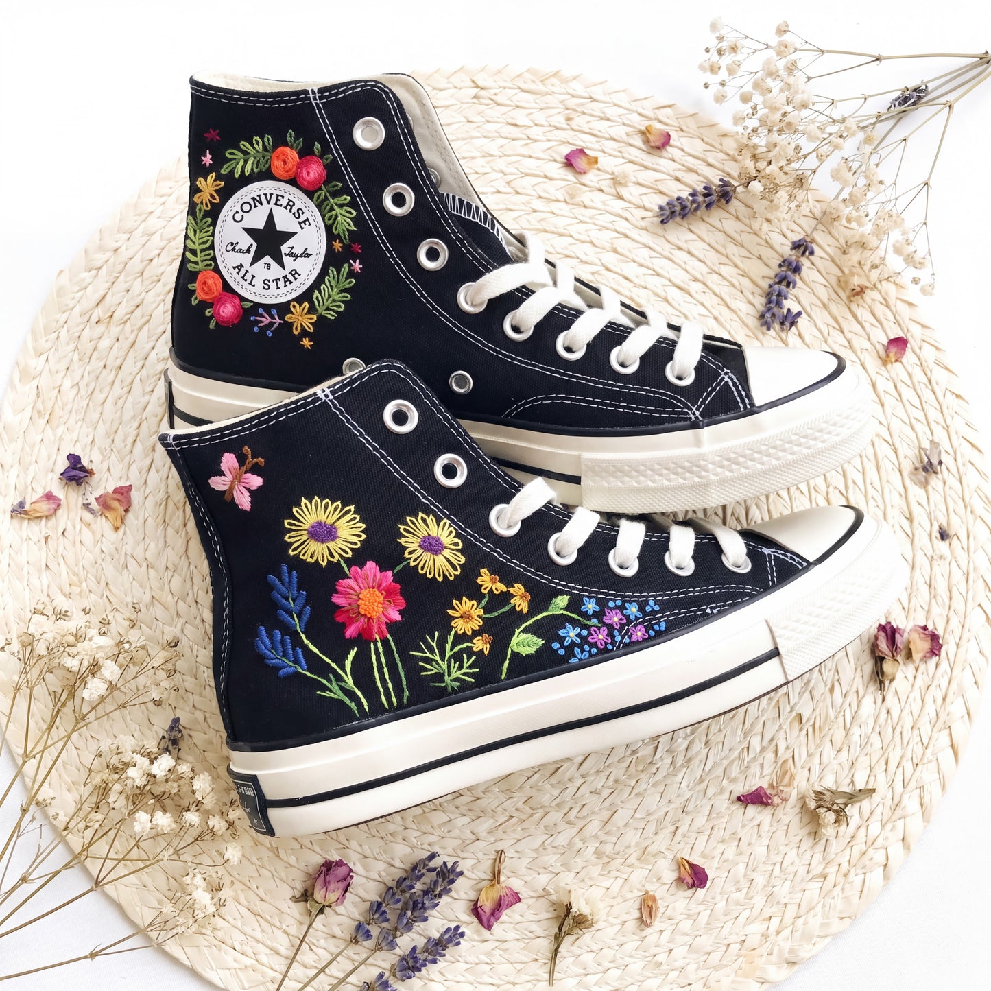 Hand Embroidered Sunflower Converse High Top Sneakers | Custom Black Floral Converse Shoes