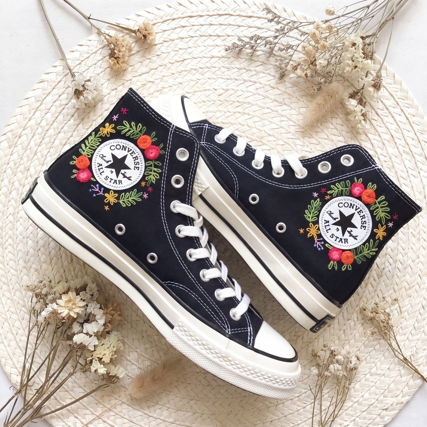 Hand Embroidered Sunflower Converse High Top Sneakers | Custom Black Floral Converse Shoes
