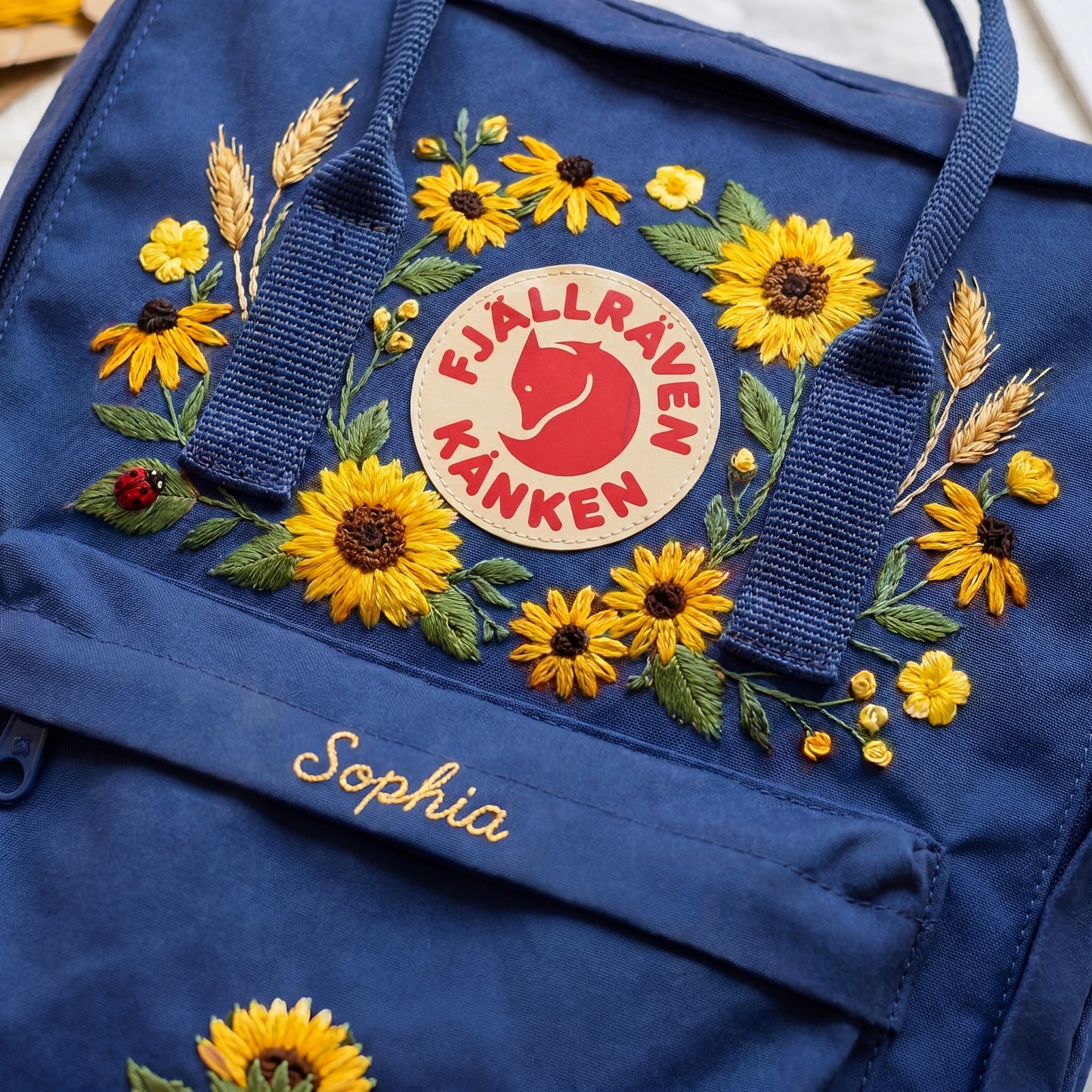 Personalized Fjallraven Kanken Sunflower Backpack, Custom Name Embroidered Kanken Bag, Embroidered Sunflower Garden School Backpack