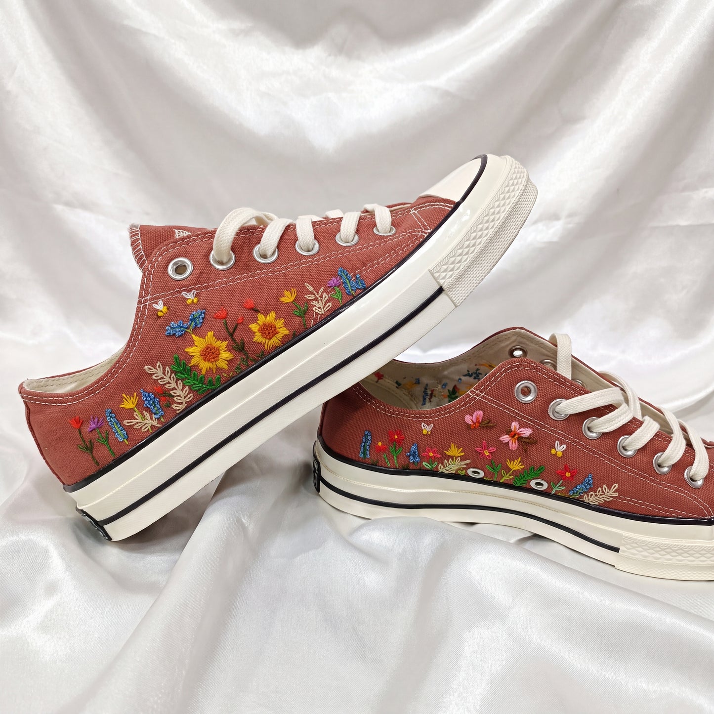 Hand Embroidered Terracotta Low Top Converse Sneakers | Sunflower & Bee Floral Canvas Shoes | Personalized Botanical Gift for Women
