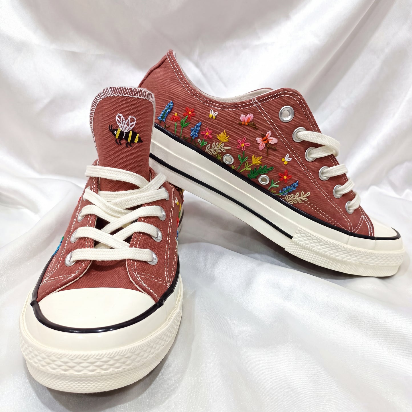 Hand Embroidered Terracotta Low Top Converse Sneakers | Sunflower & Bee Floral Canvas Shoes | Personalized Botanical Gift for Women