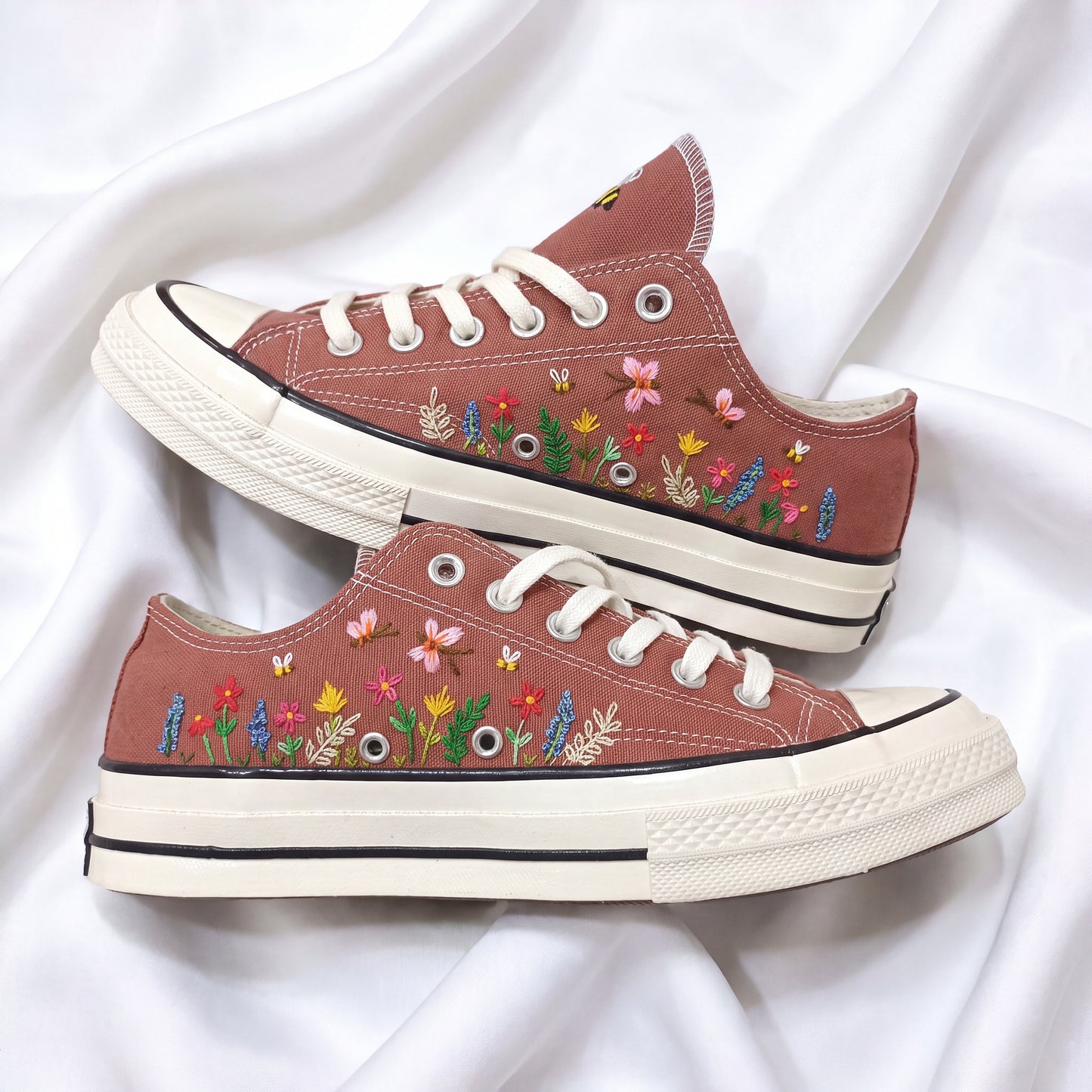 Hand Embroidered Terracotta Low Top Converse Sneakers | Sunflower & Bee Floral Canvas Shoes | Personalized Botanical Gift for Women