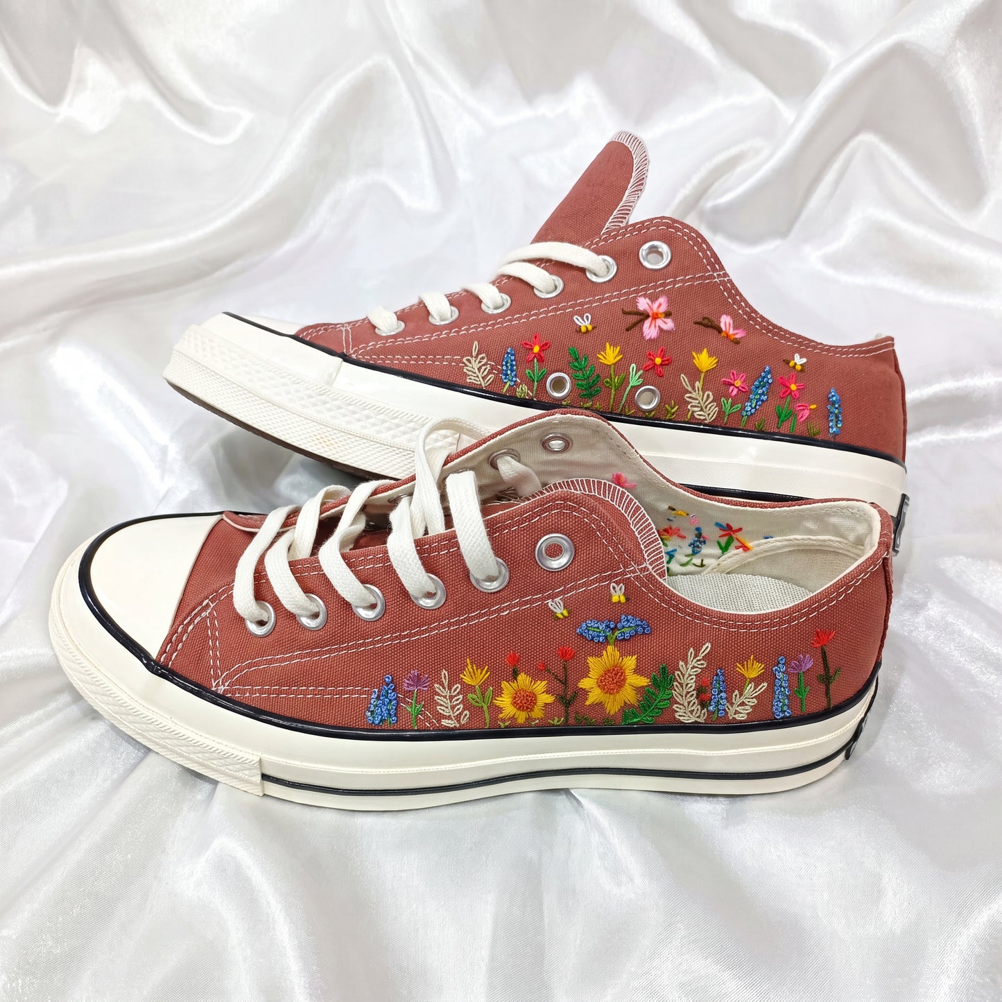 Hand Embroidered Terracotta Low Top Converse Sneakers | Sunflower & Bee Floral Canvas Shoes | Personalized Botanical Gift for Women