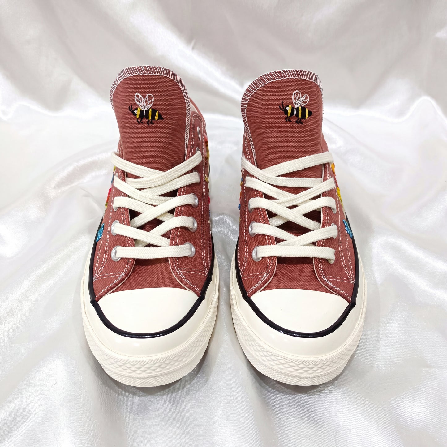 Hand Embroidered Terracotta Low Top Converse Sneakers | Sunflower & Bee Floral Canvas Shoes | Personalized Botanical Gift for Women