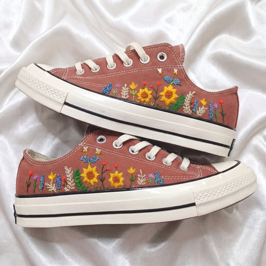Hand Embroidered Terracotta Low Top Converse Sneakers | Sunflower & Bee Floral Canvas Shoes | Personalized Botanical Gift for Women