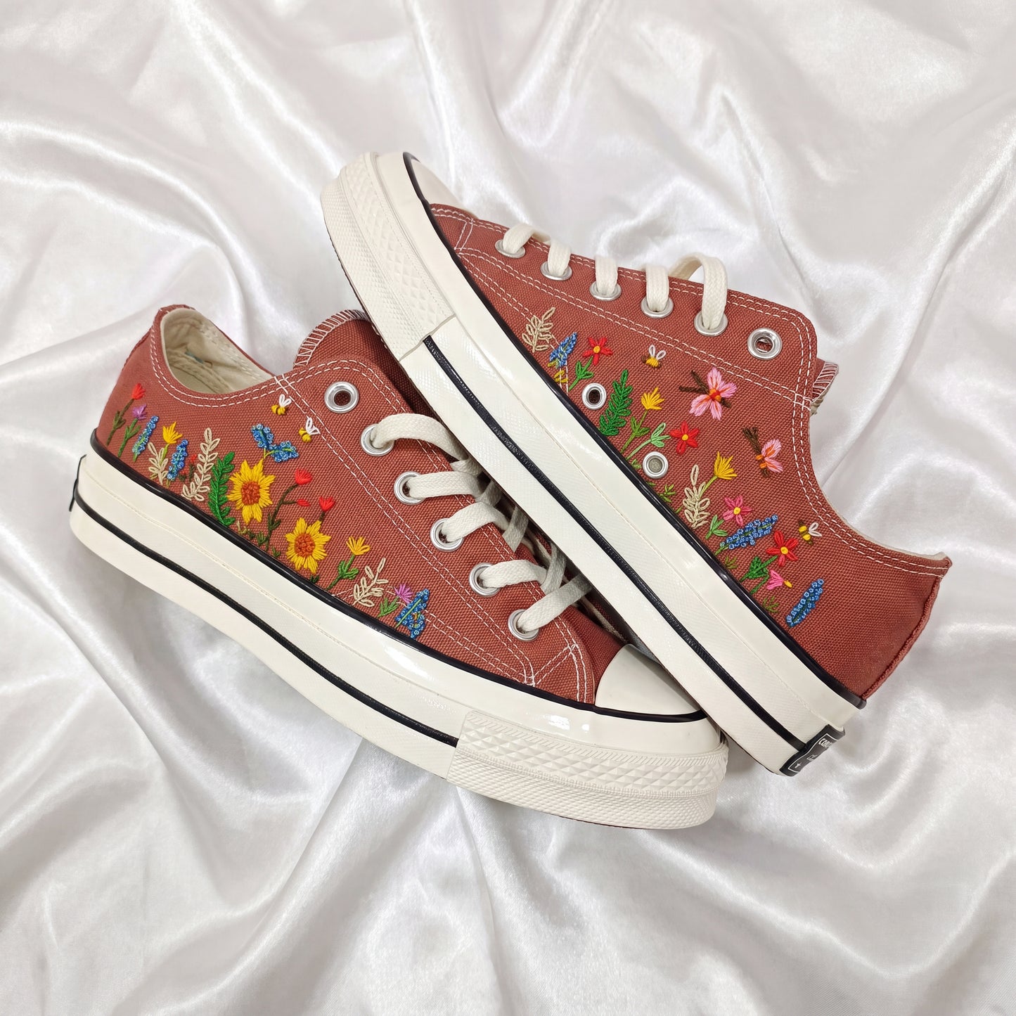 Hand Embroidered Terracotta Low Top Converse Sneakers | Sunflower & Bee Floral Canvas Shoes | Personalized Botanical Gift for Women