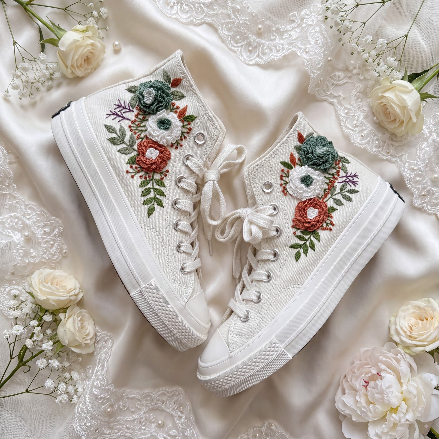 Hand Embroidered Bridal Converse Shoes | Custom Vintage Floral Wedding Sneakers | Personalized White Converse Gift for Bride