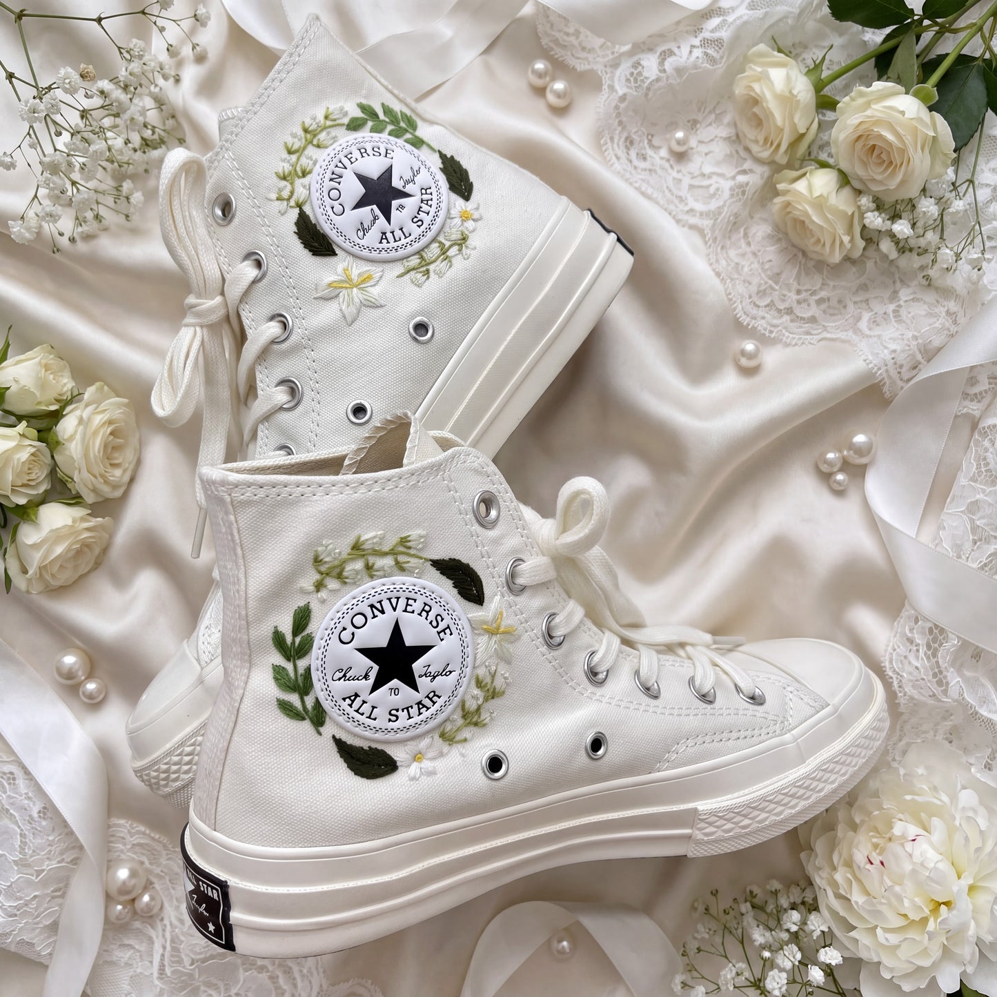 Hand Embroidered Bridal Converse Shoes | Custom White Jasmine Wedding Sneakers | Personalized White Converse Gift for Bride