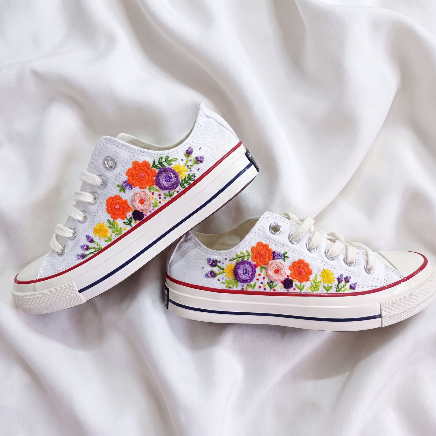 Hand Embroidered White Low Top Converse Sneakers | Colorful Floral Canvas Shoes | Personalized Botanical Gift for Women