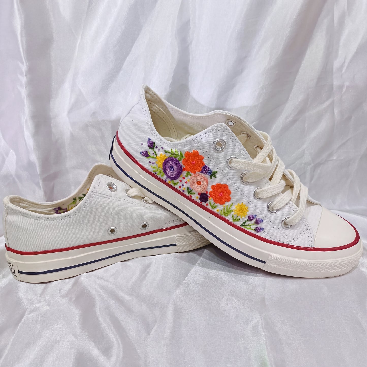 Hand Embroidered White Low Top Converse Sneakers | Colorful Floral Canvas Shoes | Personalized Botanical Gift for Women