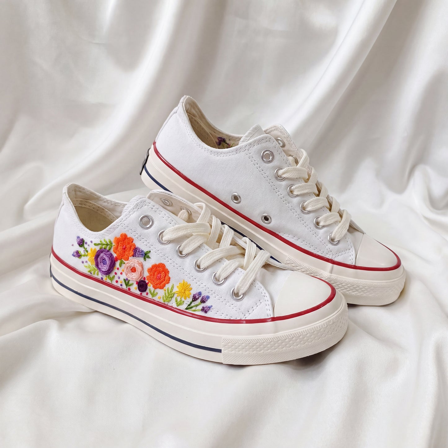 Hand Embroidered White Low Top Converse Sneakers | Colorful Floral Canvas Shoes | Personalized Botanical Gift for Women