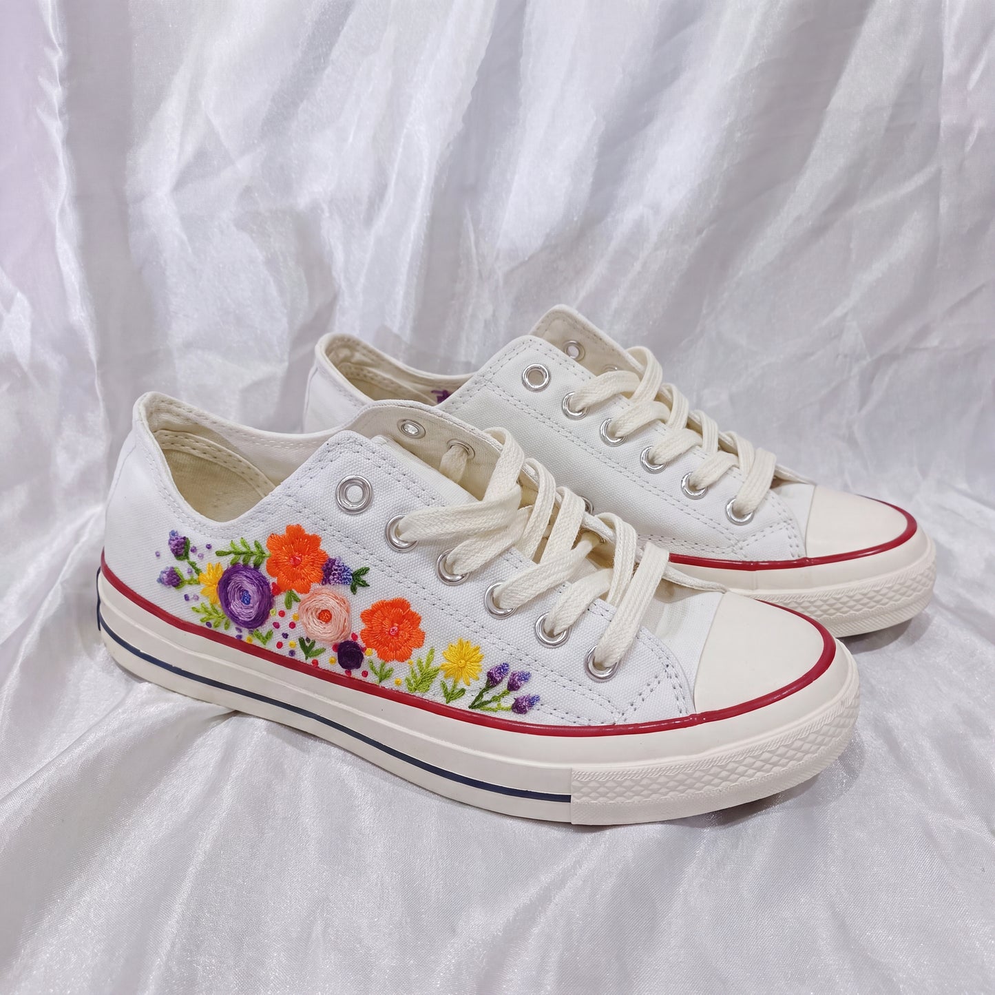 Hand Embroidered White Low Top Converse Sneakers | Colorful Floral Canvas Shoes | Personalized Botanical Gift for Women