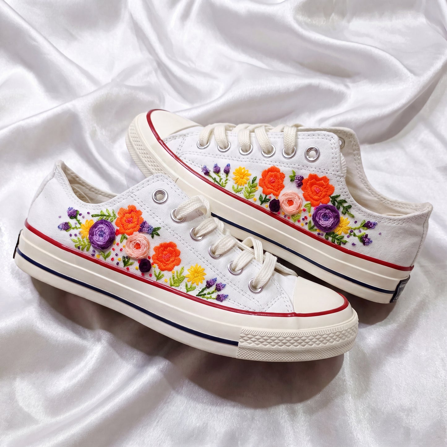 Hand Embroidered White Low Top Converse Sneakers | Colorful Floral Canvas Shoes | Personalized Botanical Gift for Women