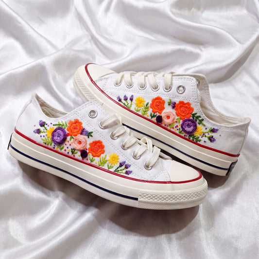 Hand Embroidered White Low Top Converse Sneakers | Colorful Floral Canvas Shoes | Personalized Botanical Gift for Women
