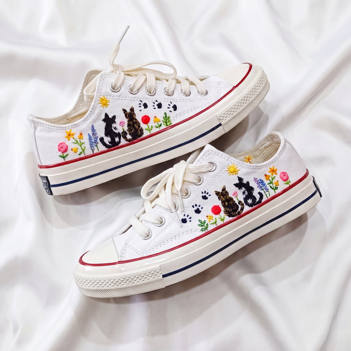 Hand Embroidered White Low Top Converse Sneakers | Personalized Custom Cat Canvas Shoes | Custom Pet Portrait Gift for Cat Lovers