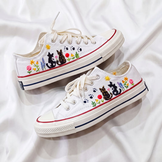 Hand Embroidered White Low Top Converse Sneakers | Personalized Custom Cat Canvas Shoes | Custom Pet Portrait Gift for Cat Lovers