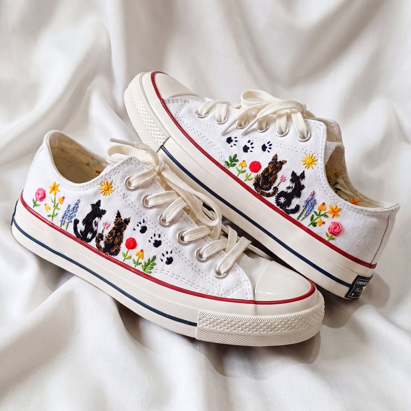 Hand Embroidered White Low Top Converse Sneakers | Personalized Custom Cat Canvas Shoes | Custom Pet Portrait Gift for Cat Lovers