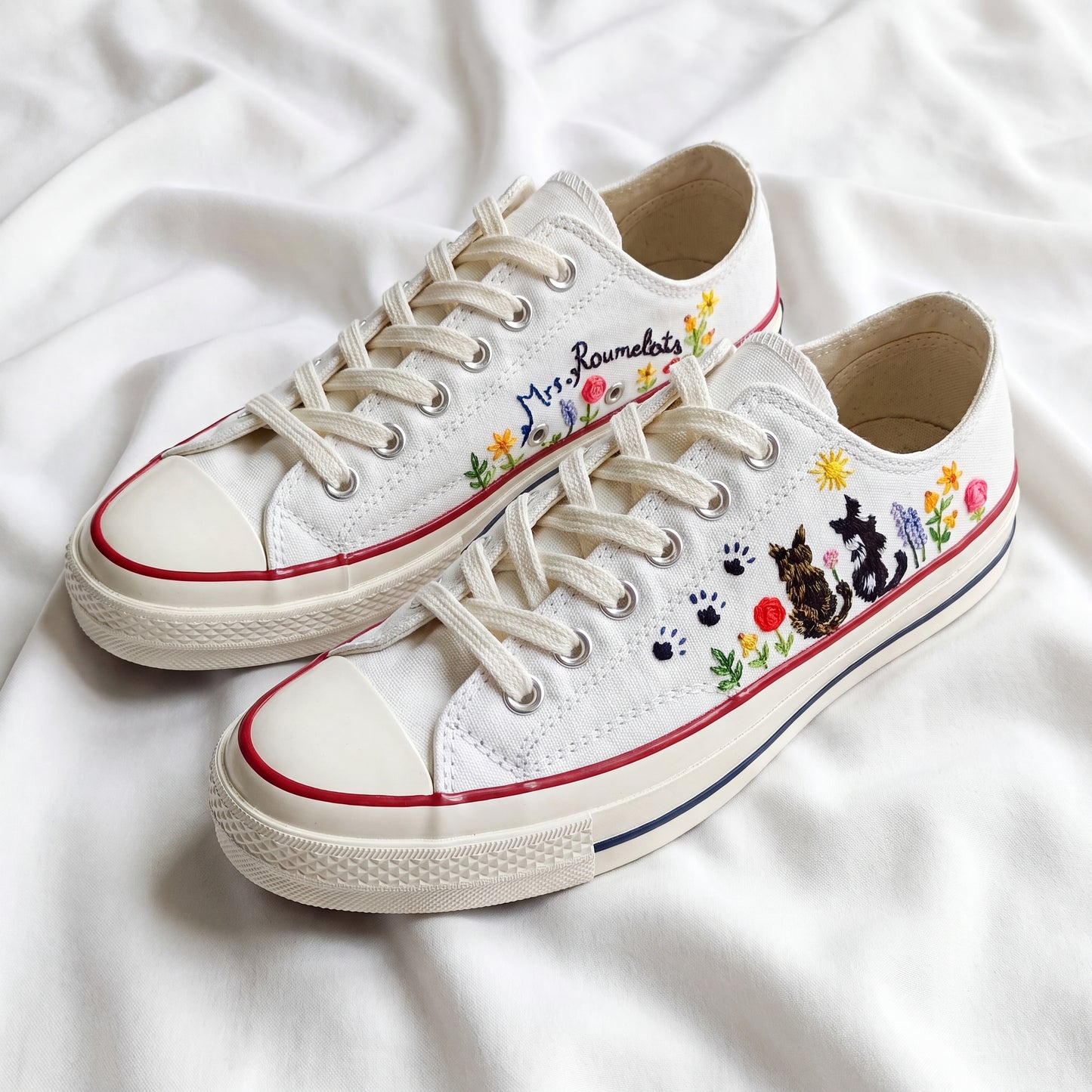 Hand Embroidered White Low Top Converse Sneakers | Personalized Custom Cat Canvas Shoes | Custom Pet Portrait Gift for Cat Lovers