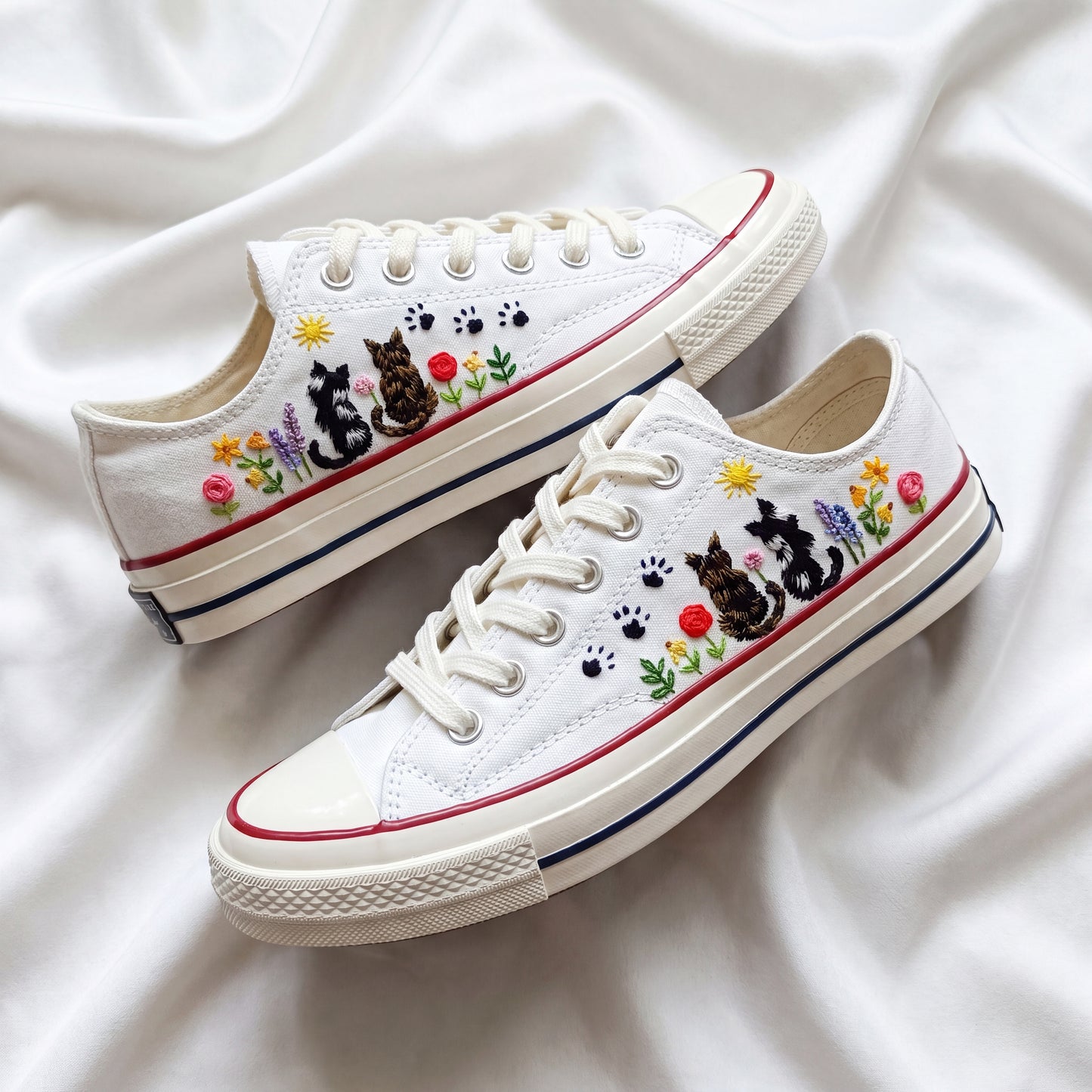 Hand Embroidered White Low Top Converse Sneakers | Personalized Custom Cat Canvas Shoes | Custom Pet Portrait Gift for Cat Lovers